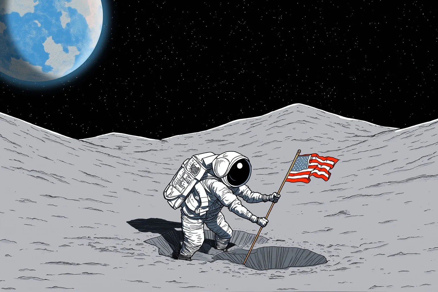25 Most Memorable Dates in History (And Why They Still Matter) 23 Illustration of an astronaut planting a flag on a gray lunar surface with Earth visible in the sky