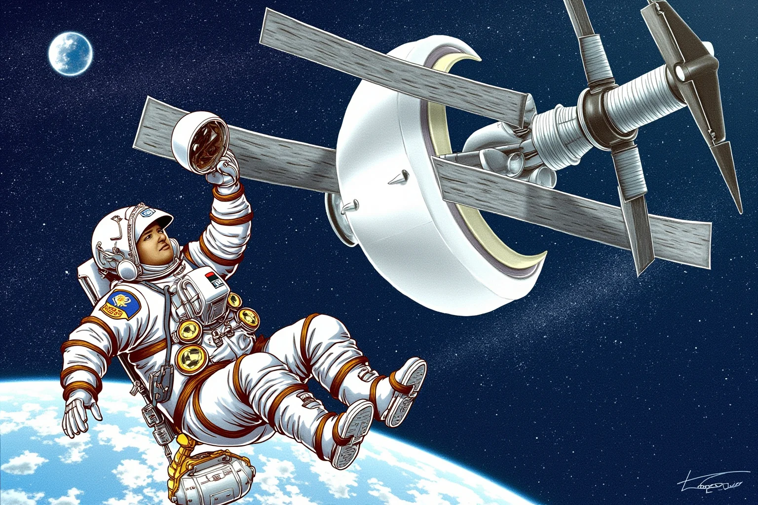 Illustration of an astronaut with multiple mission patches on a flight suit floating near the Hubble Space Telescope during a repair spacewalk