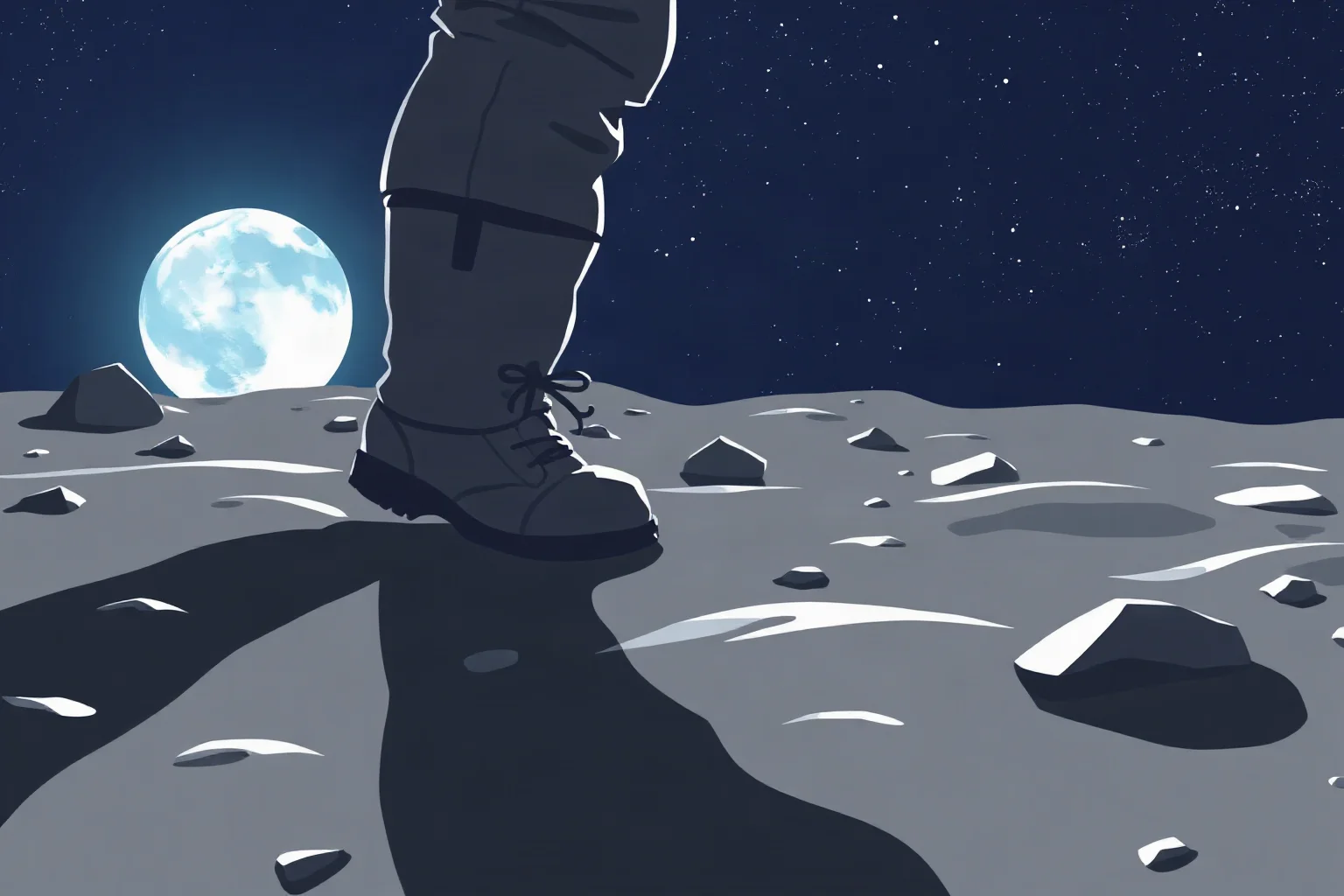 Illustration of an astronaut's boot stepping onto a gray, cratered lunar surface with Earth visible in the dark sky