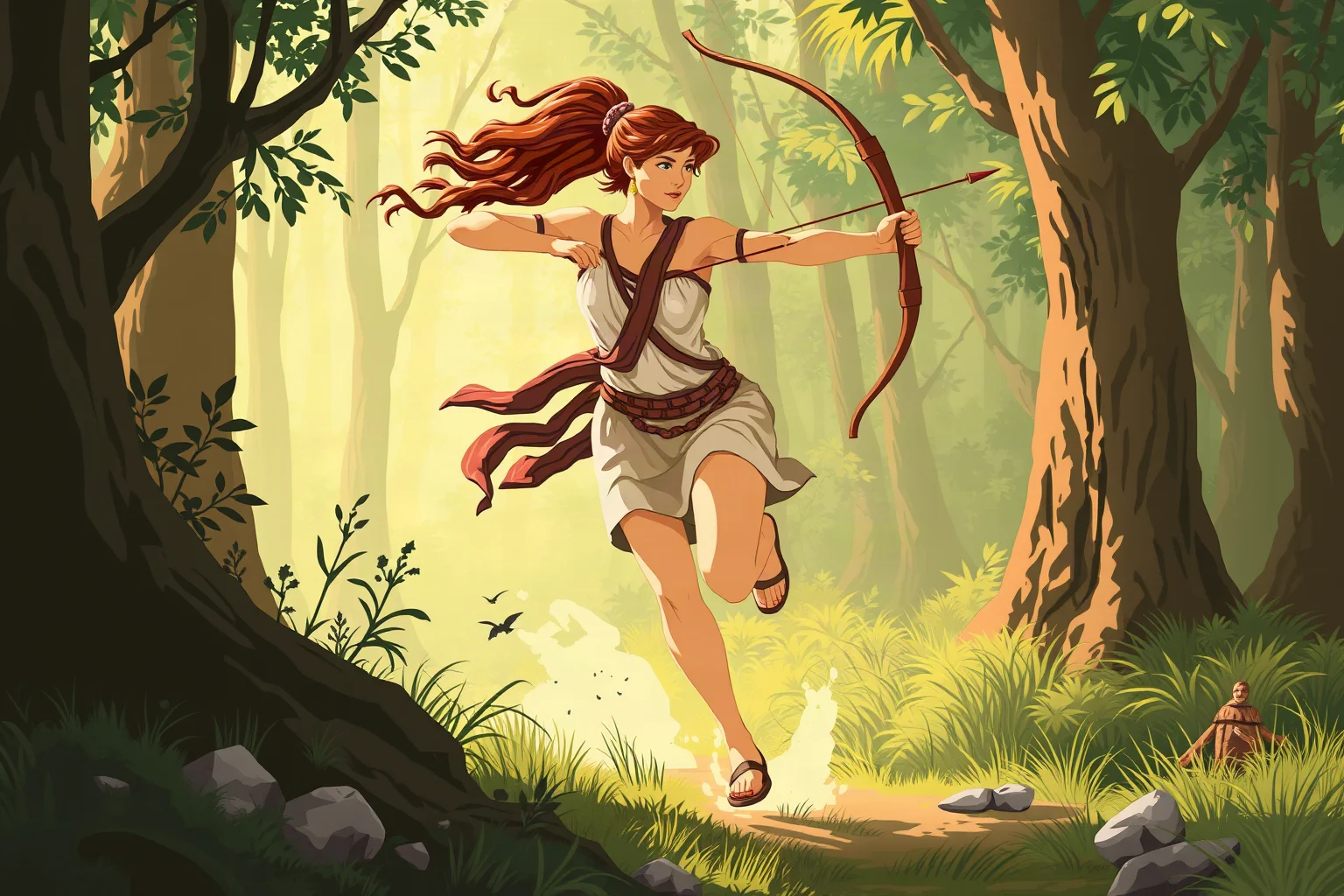 Illustration of an athletic ancient Greek huntress running swiftly through a forest with a bow