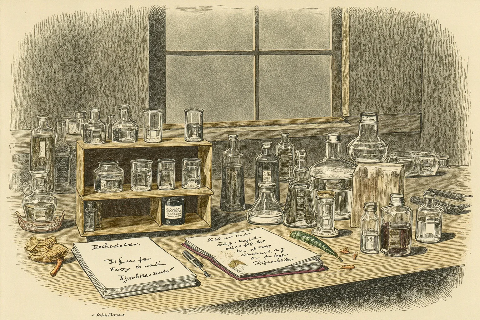 Unsung Heroes History Doesn't Talk About Enough 14 Illustration of an early 1900s chemistry laboratory with glass vials of oil-based medicine and handwritten notes on a desk