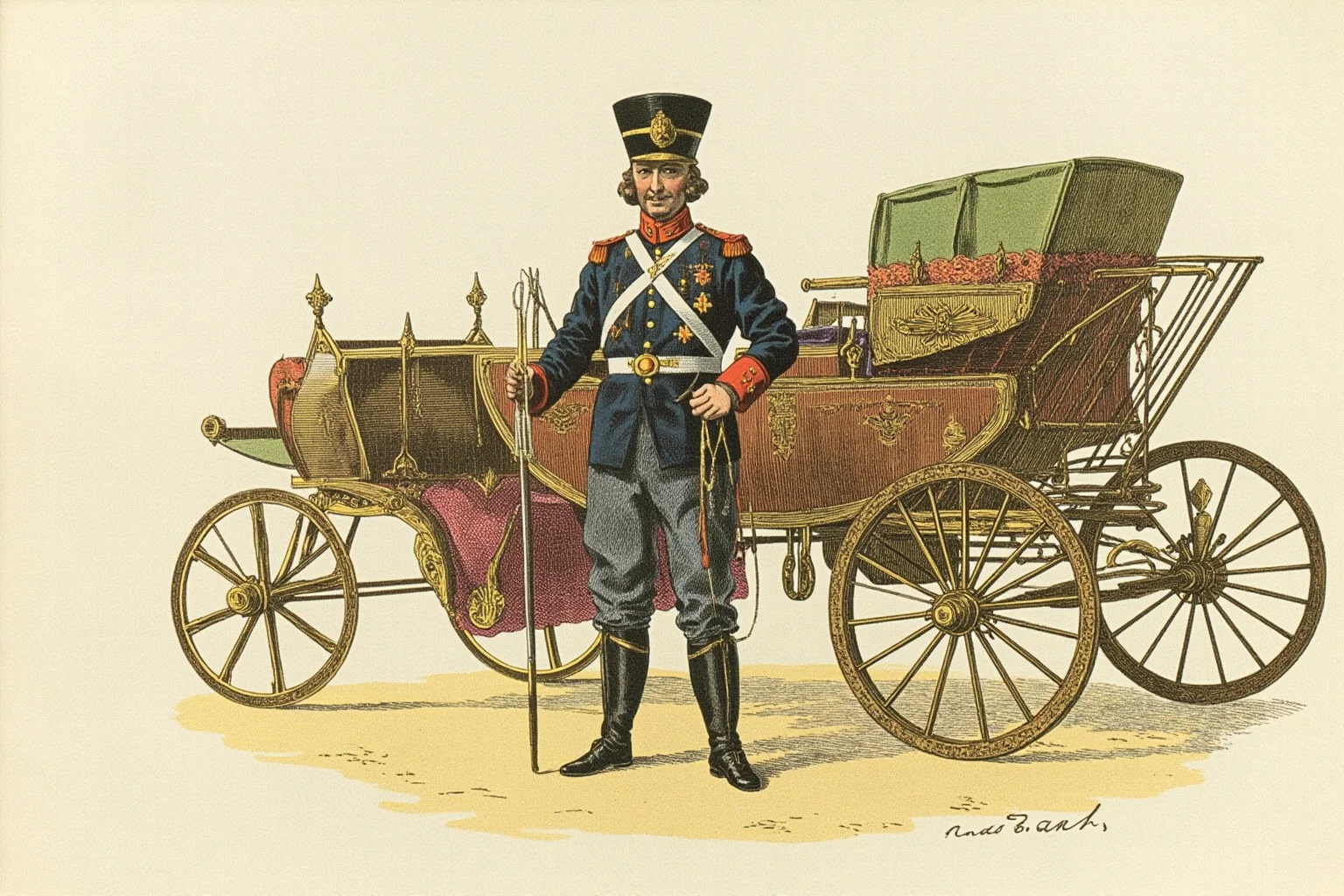 Monarchs Whose Reigns Were Hilariously Short 9 Illustration of an early 1900s European crown prince in military dress standing beside a royal carriage