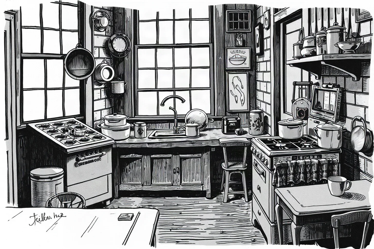Illustration of an early 1900s New York tenement kitchen with period cookware