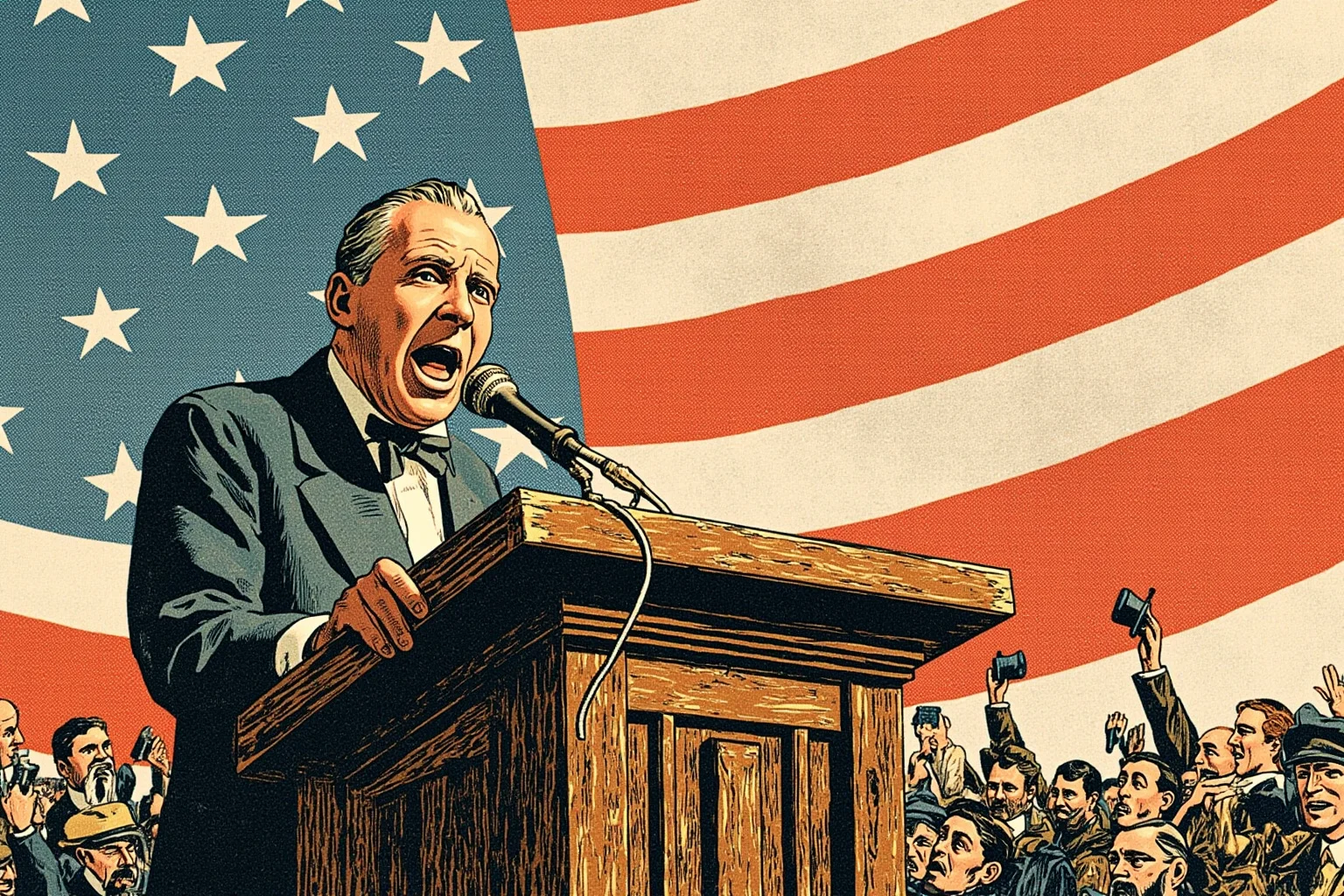 Illustration of an early 1900s politician speaking passionately at an outdoor rally podium with an American flag backdrop