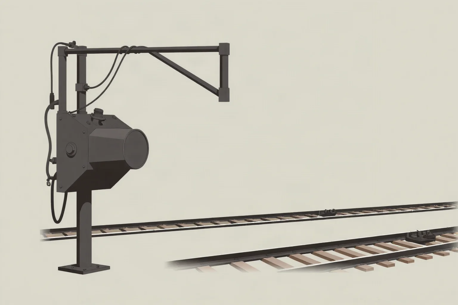 Illustration of an early 1900s railway signal telegraph device mounted beside train tracks