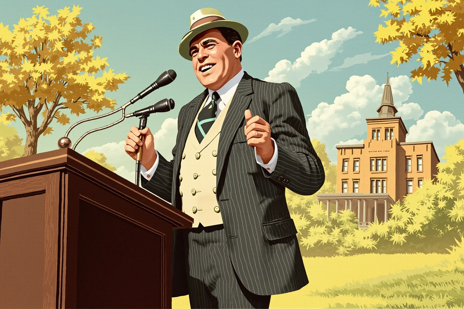 Illustration of an early-1920s president giving an outdoor radio address, sunny hopeful atmosphere of the era.