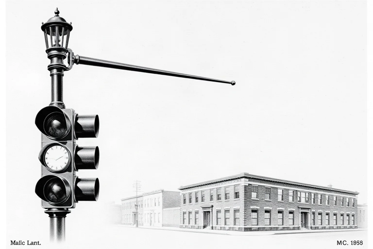 Illustration of an early 1920s three-light traffic signal mounted on a city street corner