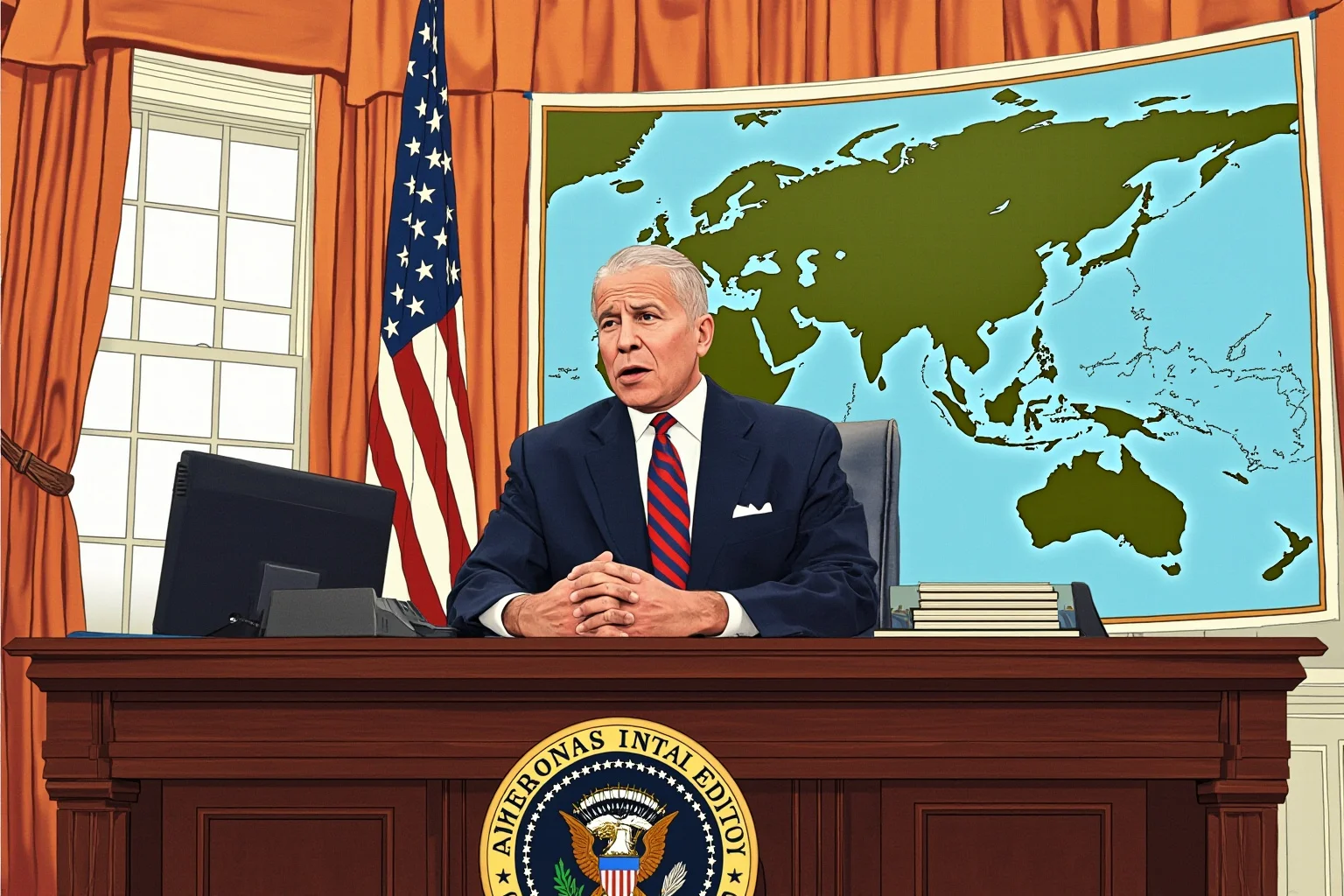 Illustration of an early 1990s president addressing the nation from an Oval Office desk with a world map nearby