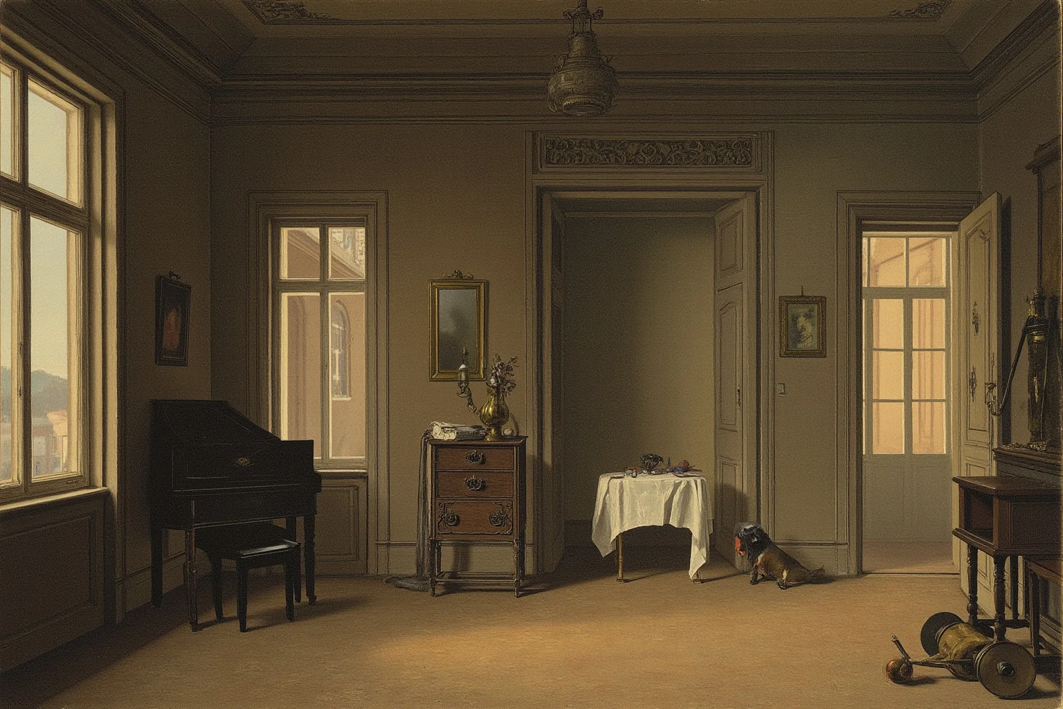 Illustration of an early 19th-century Vienna apartment interior, piano in the corner, soft dramatic lighting