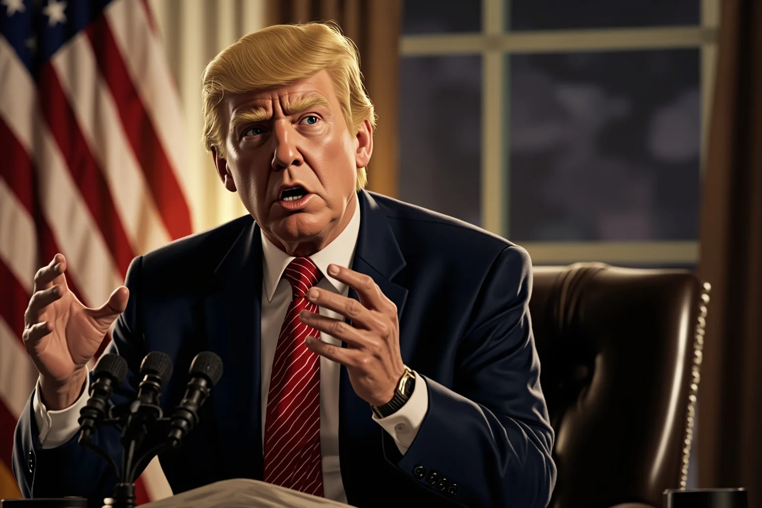 Illustration of an early 2000s president speaking gravely from an Oval Office desk in the evening, American flag beside him