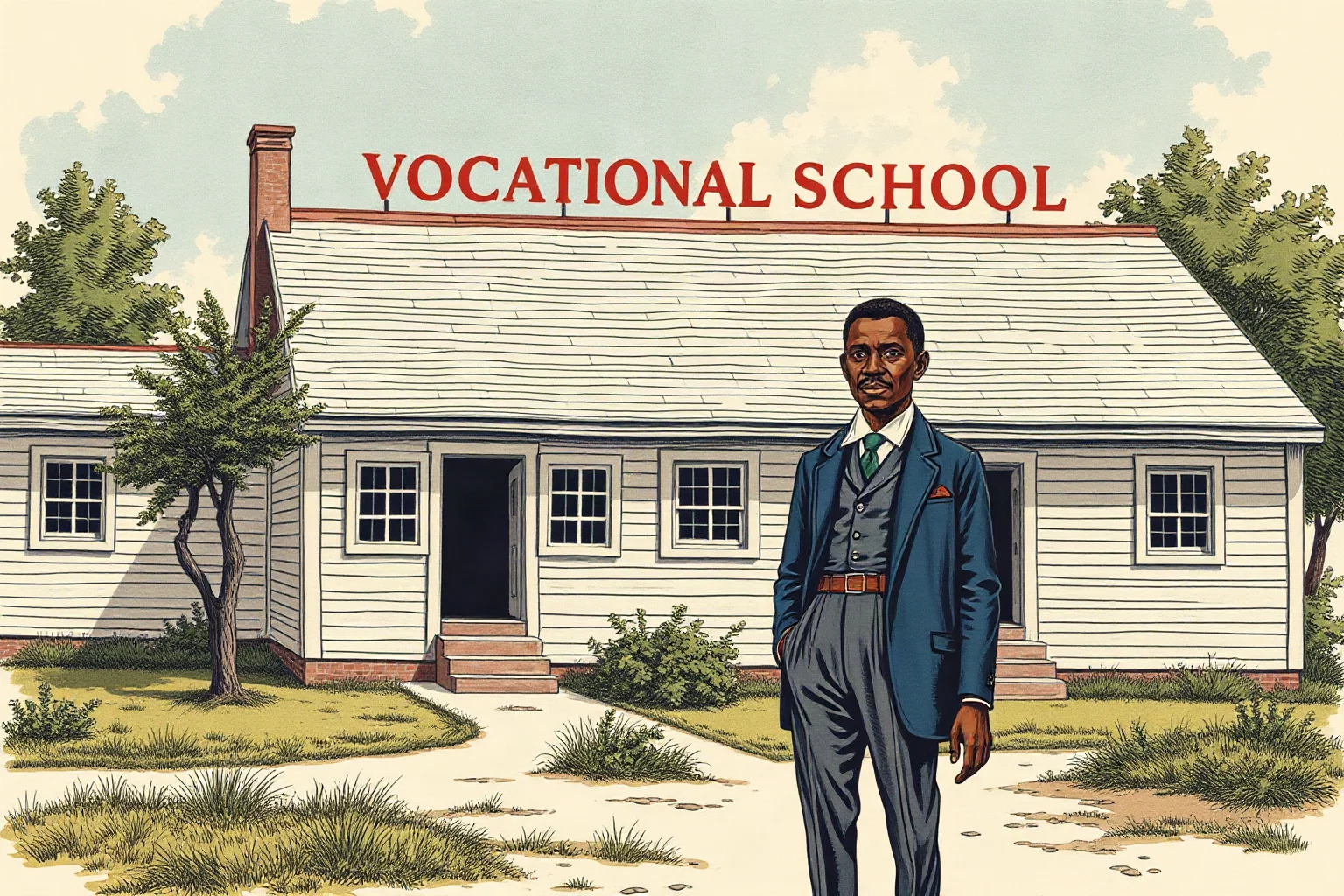 Illustration of an early 20th-century African American educator standing before a rural vocational school building
