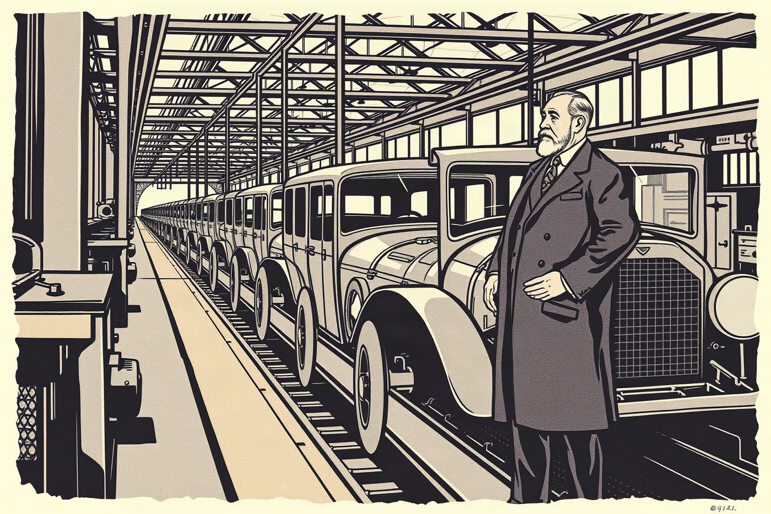 Illustration of an early 20th-century American industrialist standing beside a moving automobile assembly line