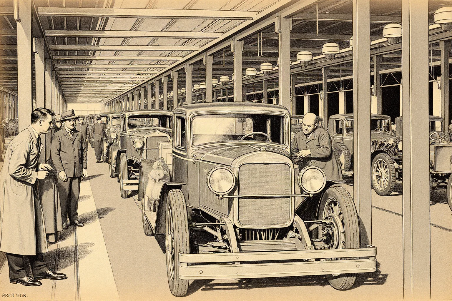 Illustration of an early 20th-century car assembly line with workers and a partially built automobile