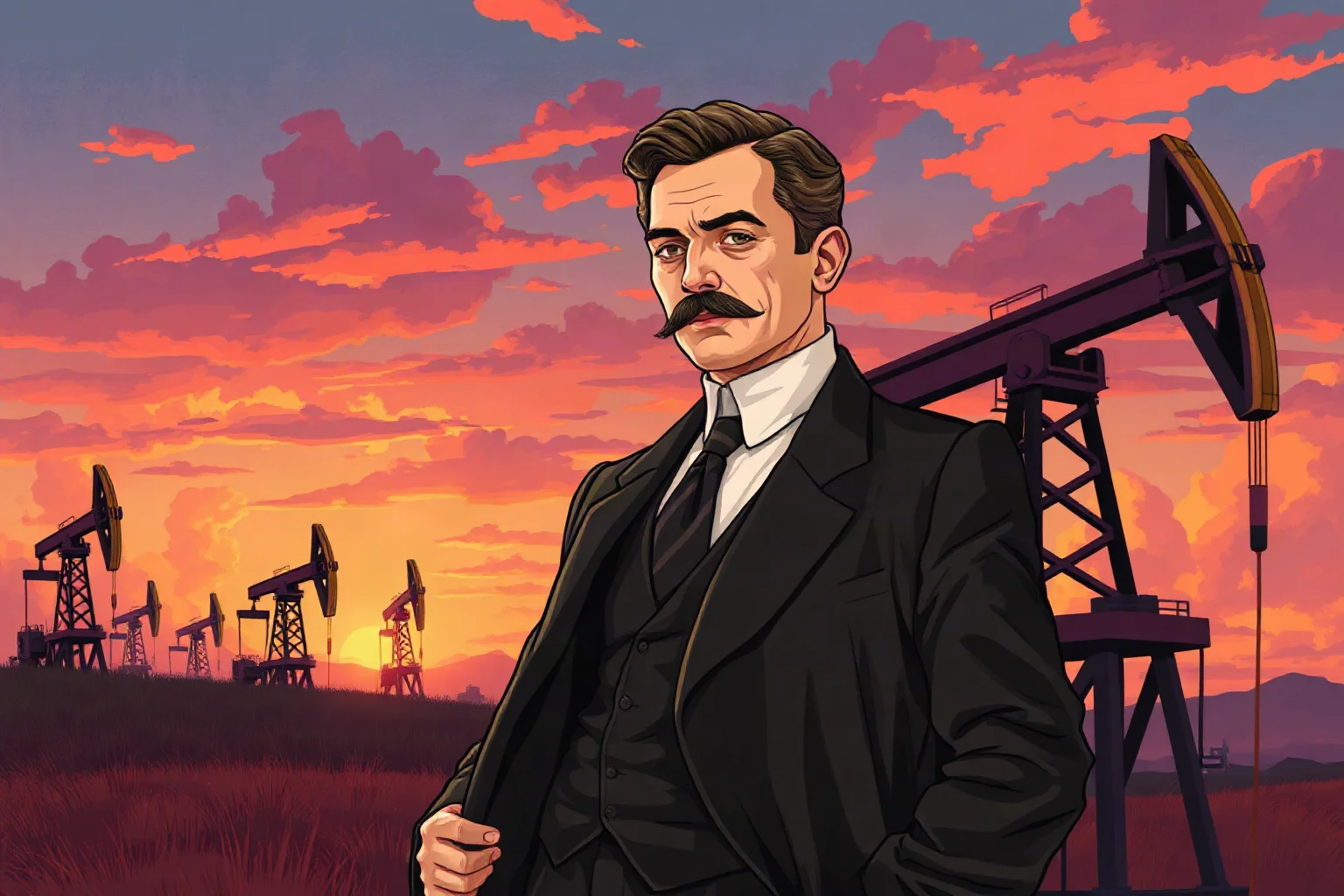 Illustration of an early 20th-century industrialist in a formal suit standing before oil derricks at sunset