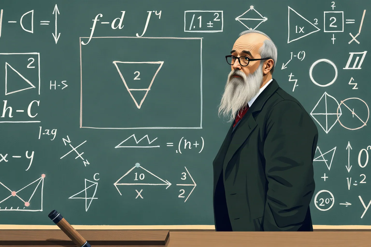 Illustration of an early 20th-century philosopher-mathematician at a chalkboard covered in logical symbols