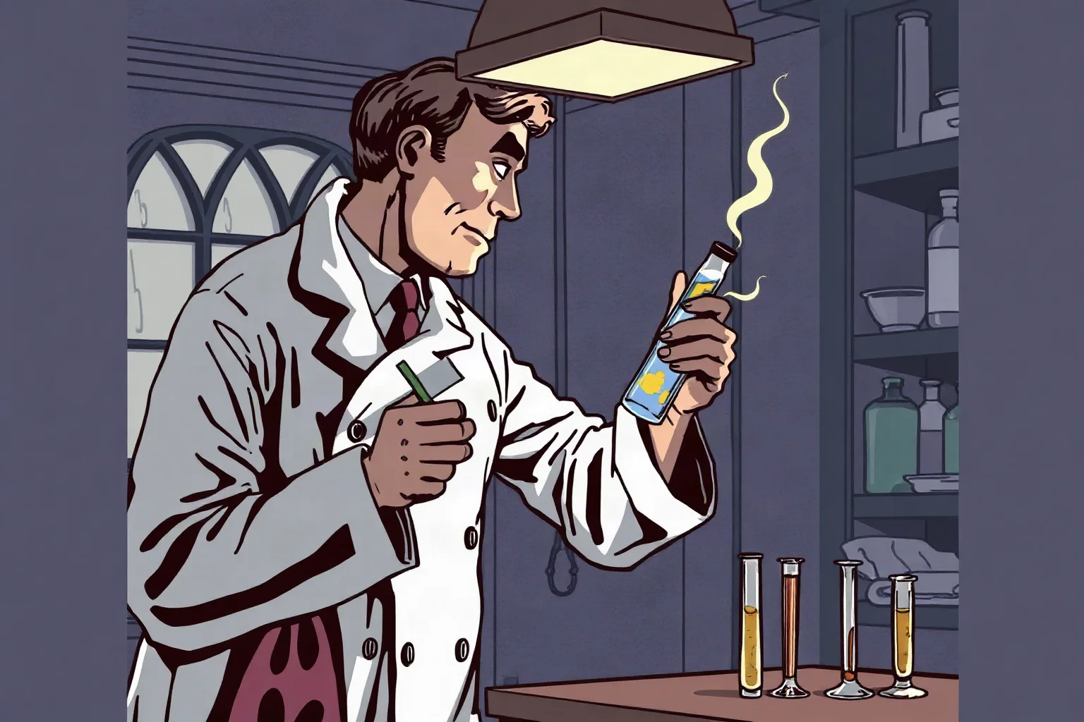 Illustration of an early 20th-century scientist in a lab coat examining a vial in a university laboratory, vintage medical illustration style