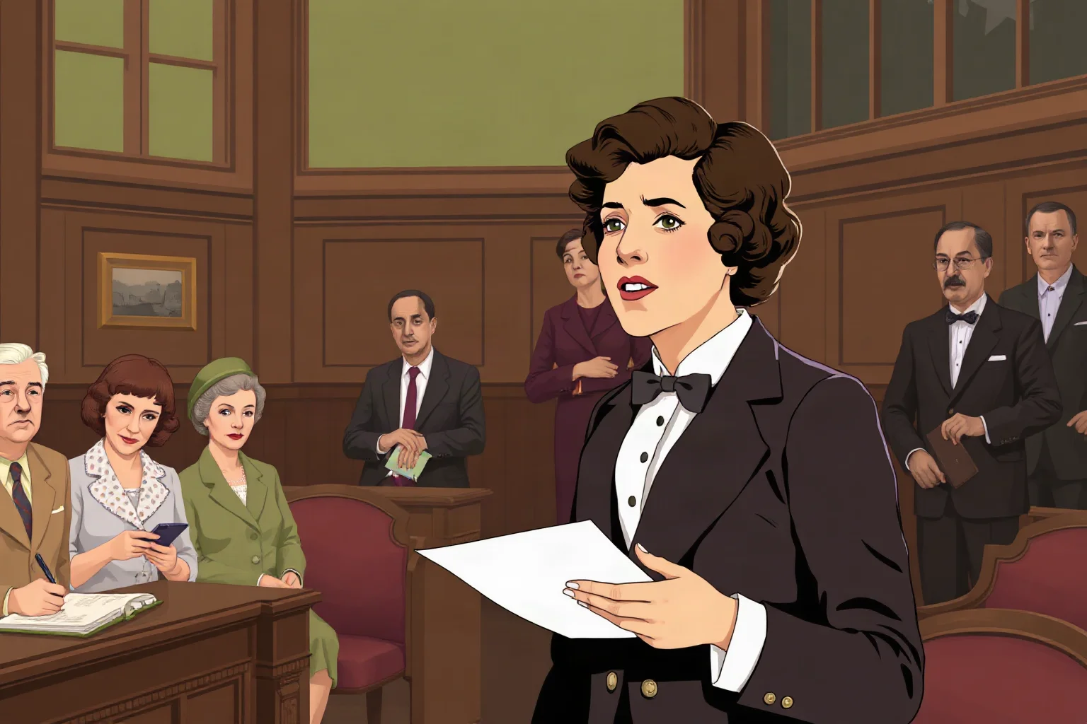 Illustration of an early 20th-century woman in a formal suit speaking in a parliamentary chamber, vintage political illustration style