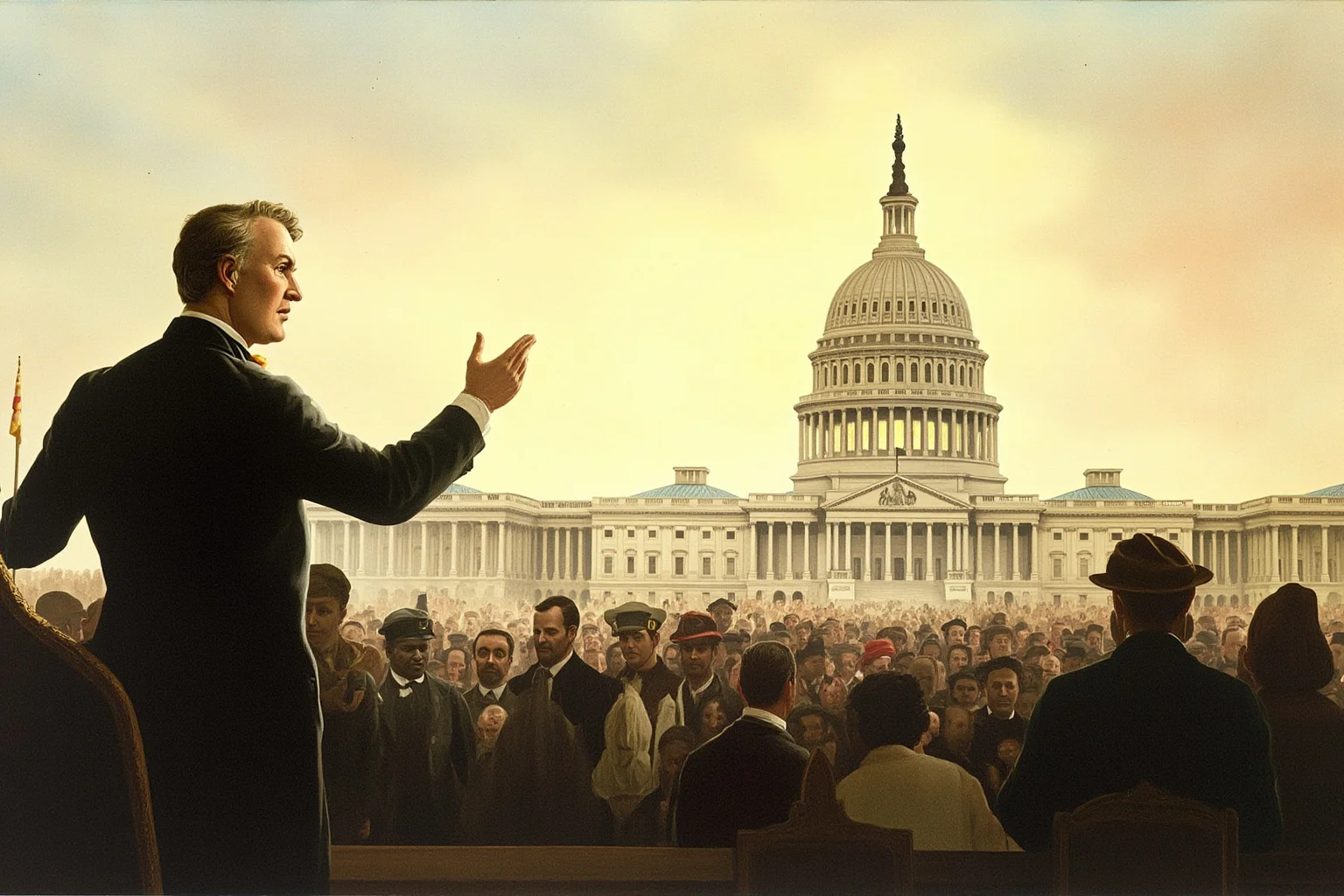 Illustration of an early American statesman addressing a crowd outside a domed capitol building in soft morning light