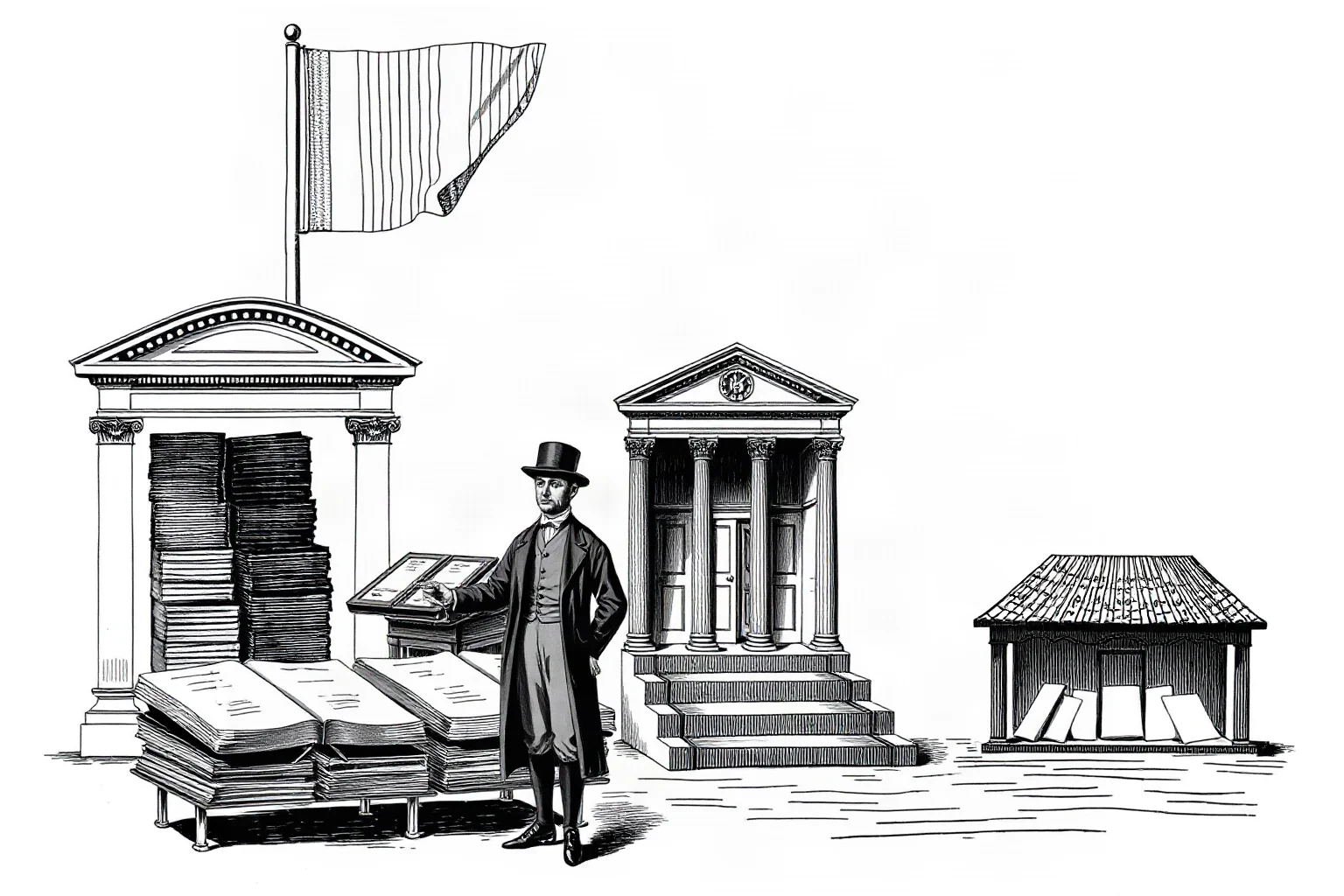 Illustration of an early American treasury official in period formal attire standing before ledgers and a small bank building