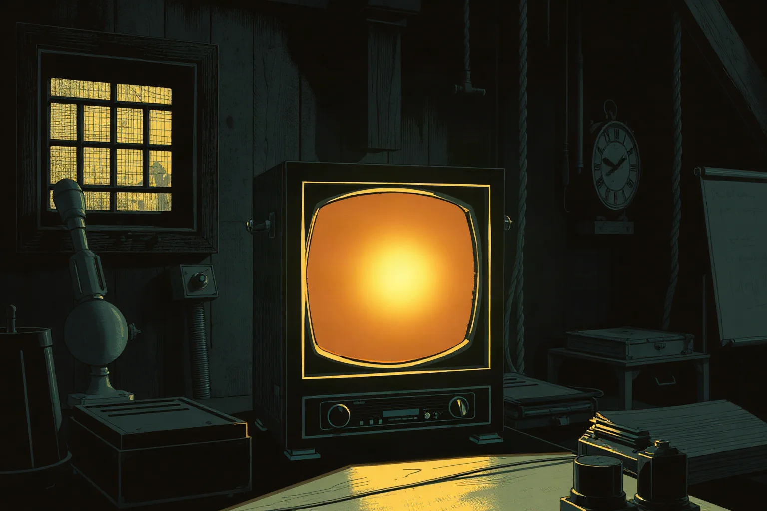 Illustration of an early boxy cathode-ray television prototype glowing in a 1920s workshop
