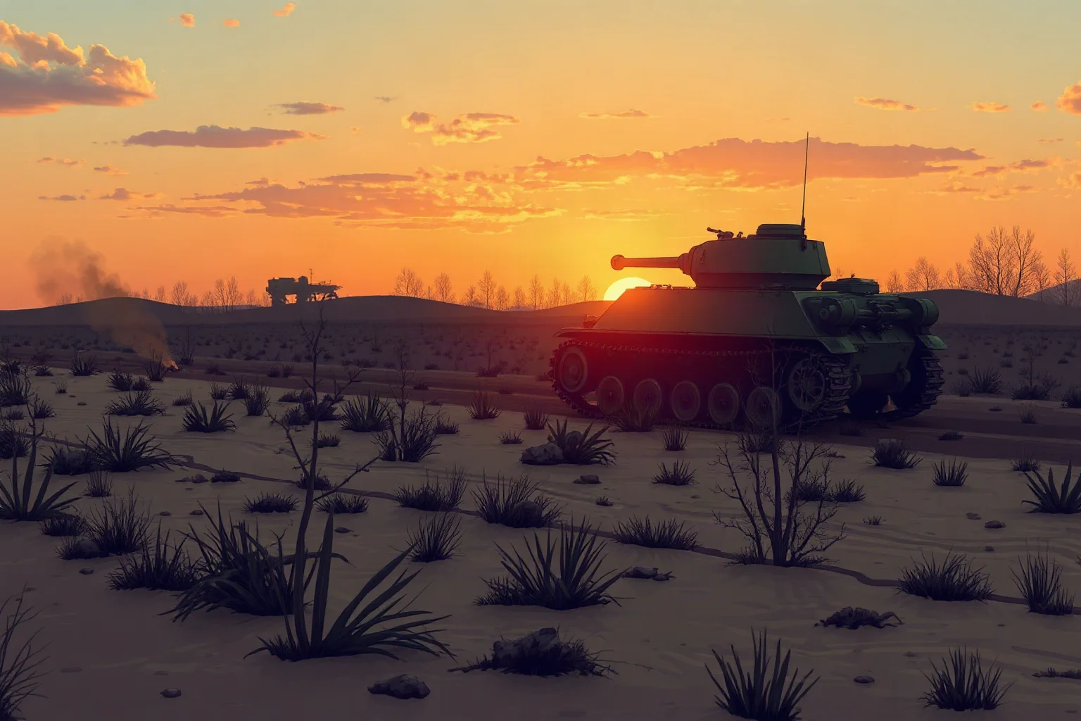 Illustration of an early boxy WWI-era tank rolling across a cratered battlefield at dusk