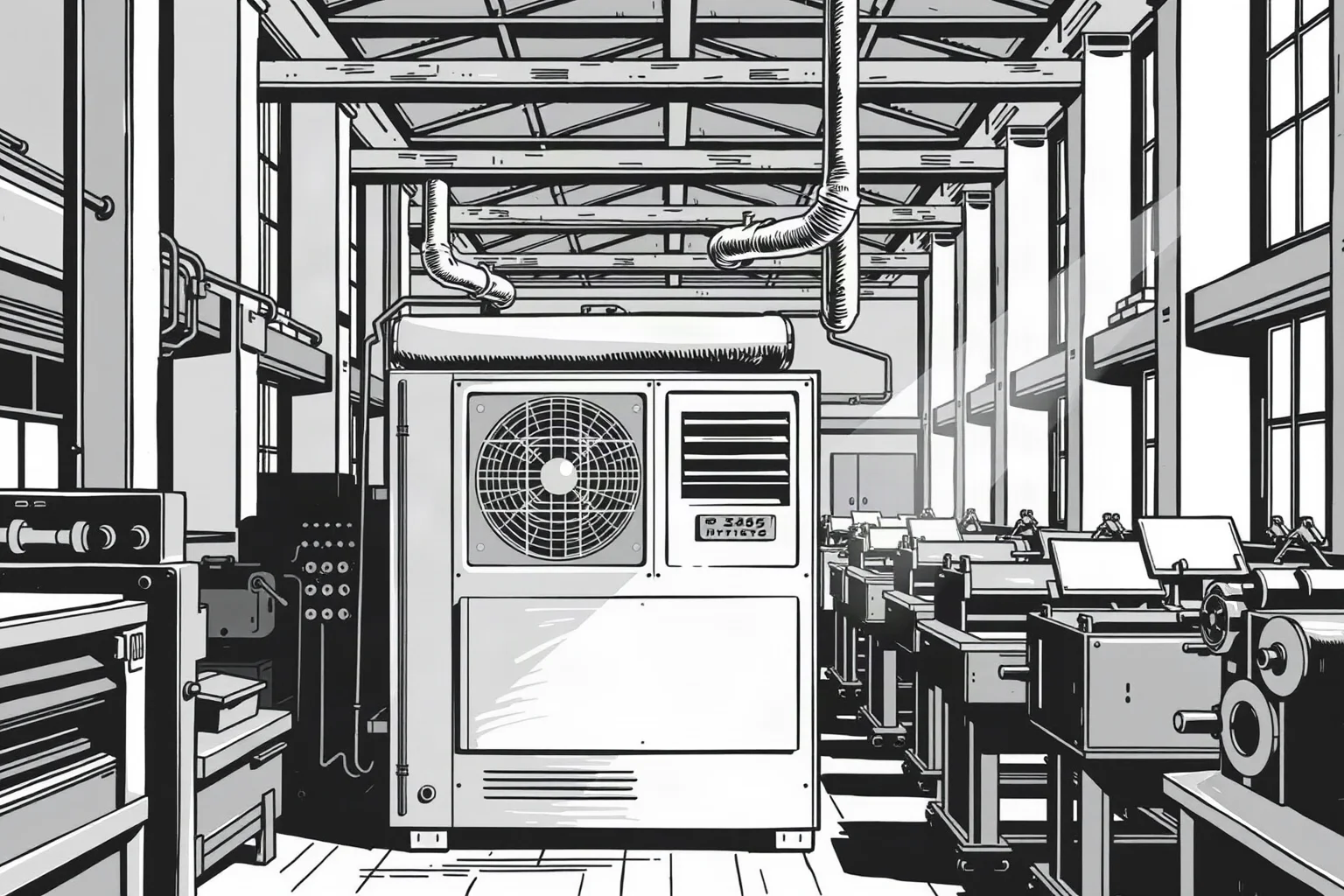 Illustration of an early bulky air conditioning unit inside a 1900s printing factory