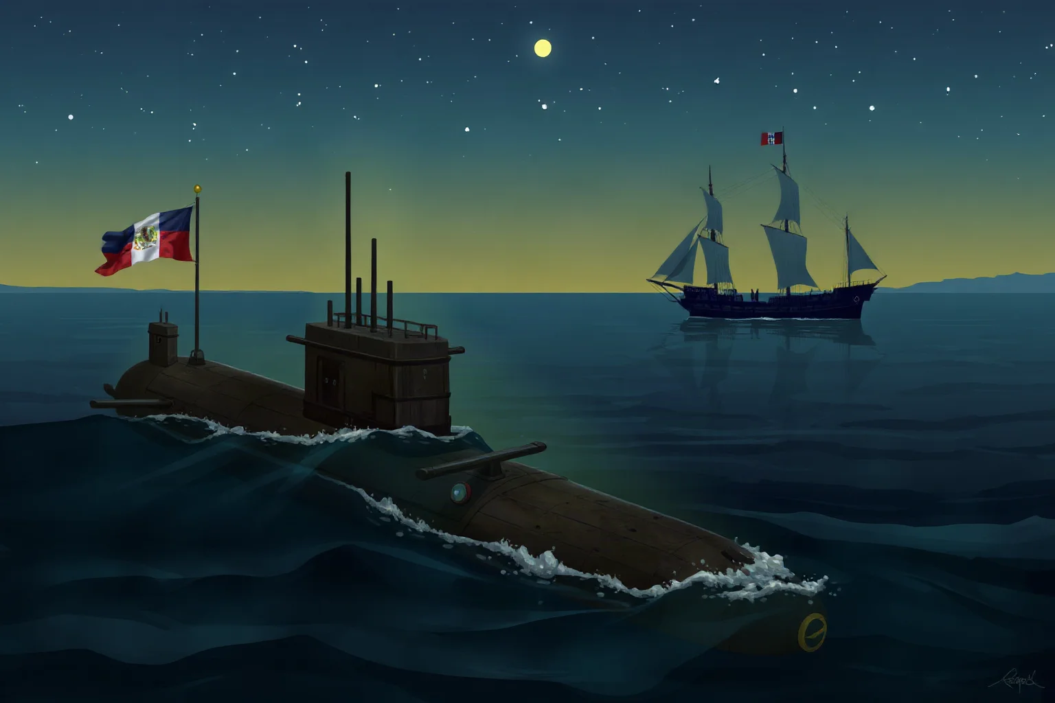 Illustration of an early ironclad submarine partially submerged near a wooden warship at night