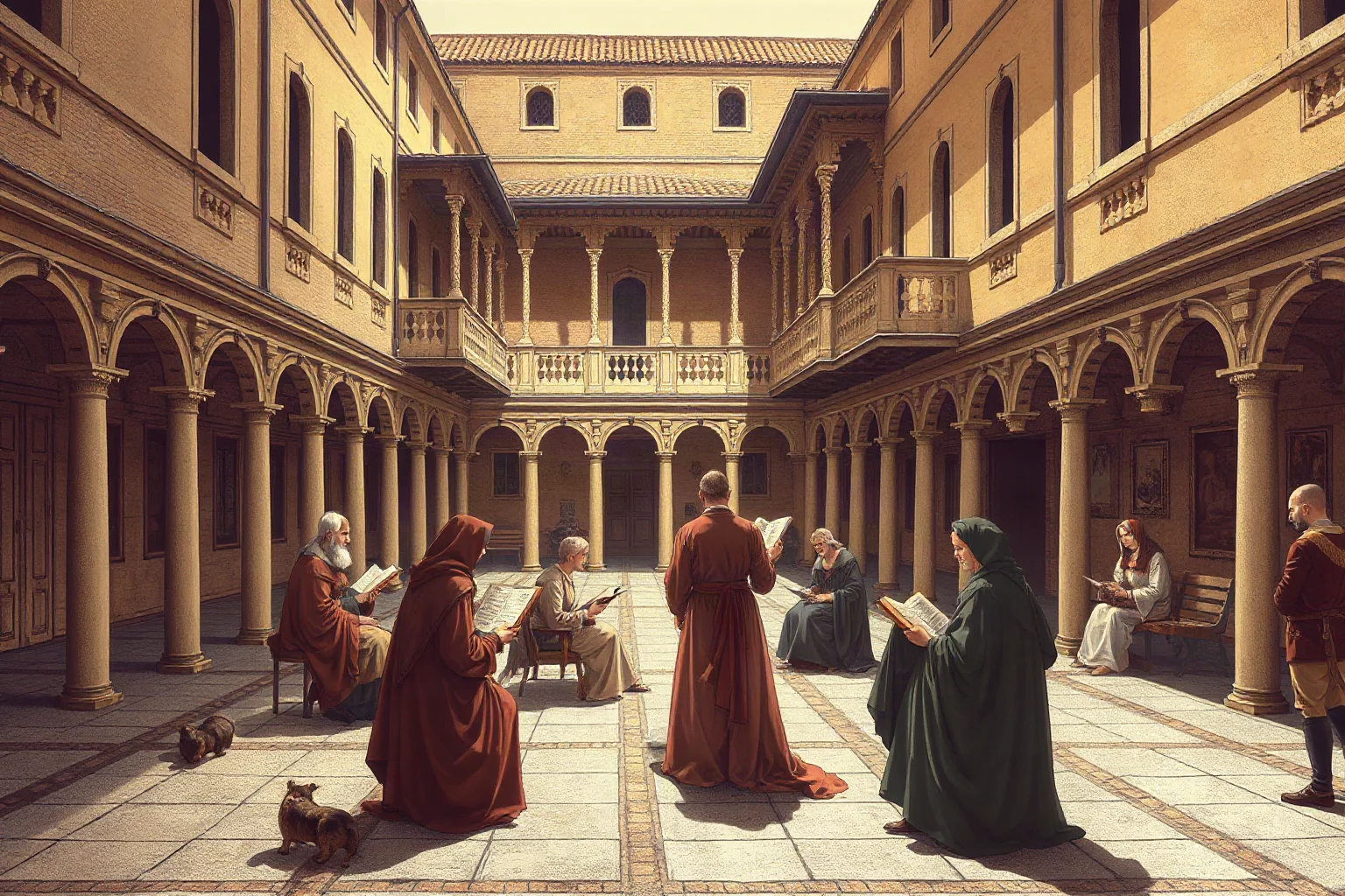 Illustration of an early Renaissance university courtyard in Florence with humanist scholars reading manuscripts