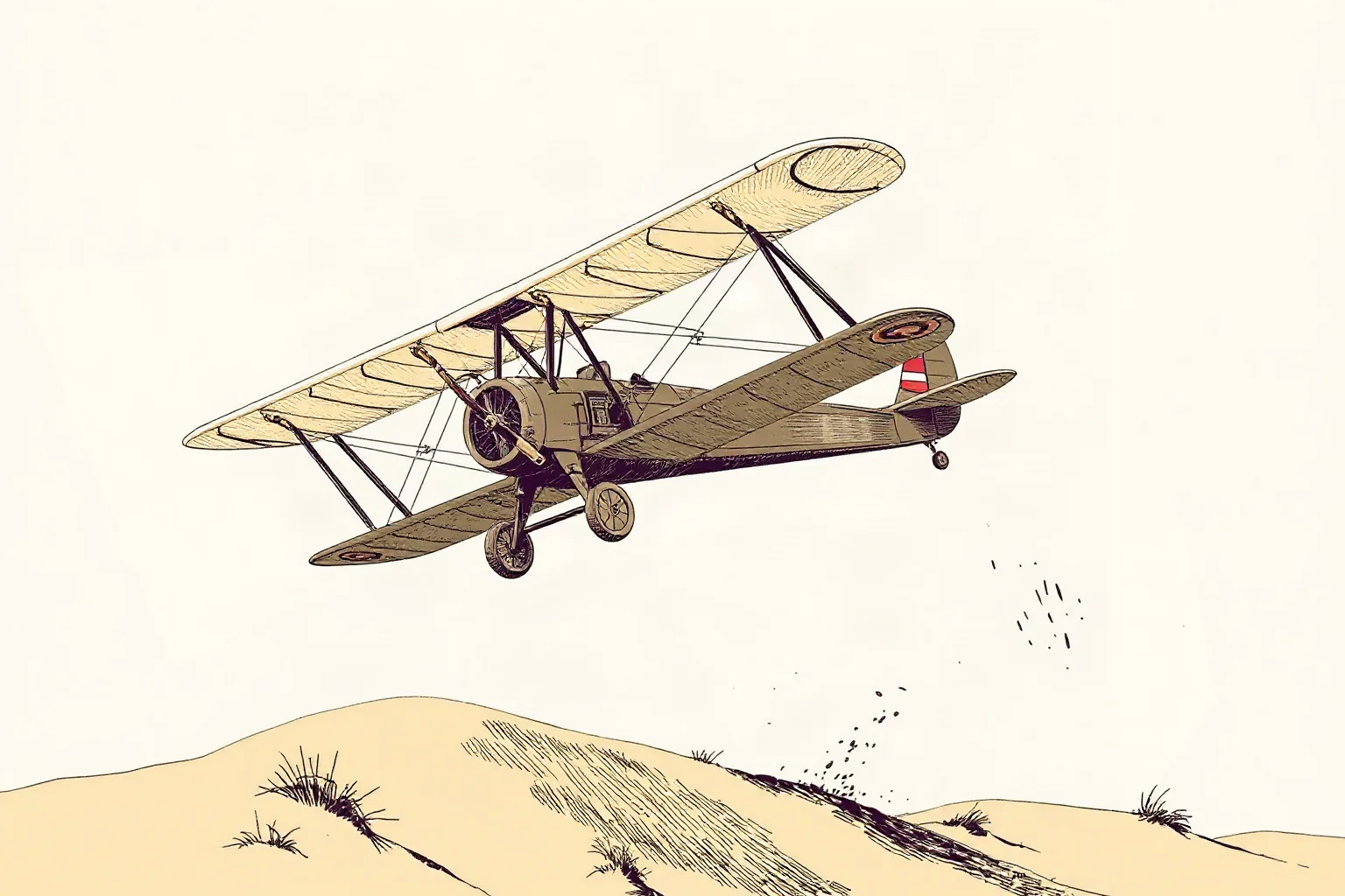 Illustration of an early wooden biplane with cloth wings taking off over sand dunes, early 1900s style