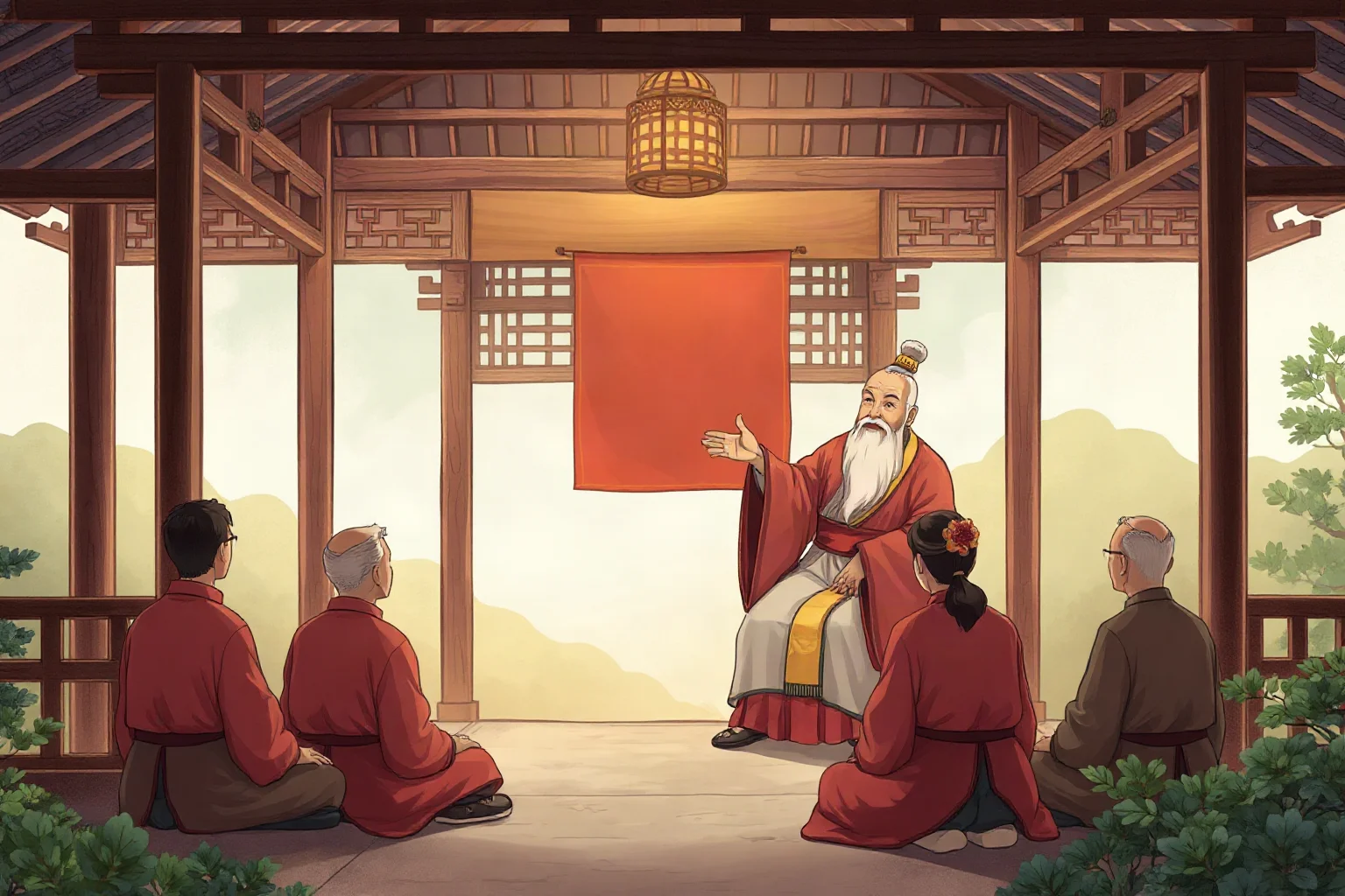 Illustration of an East Asian sage in traditional robes teaching seated students under a wooden pavilion