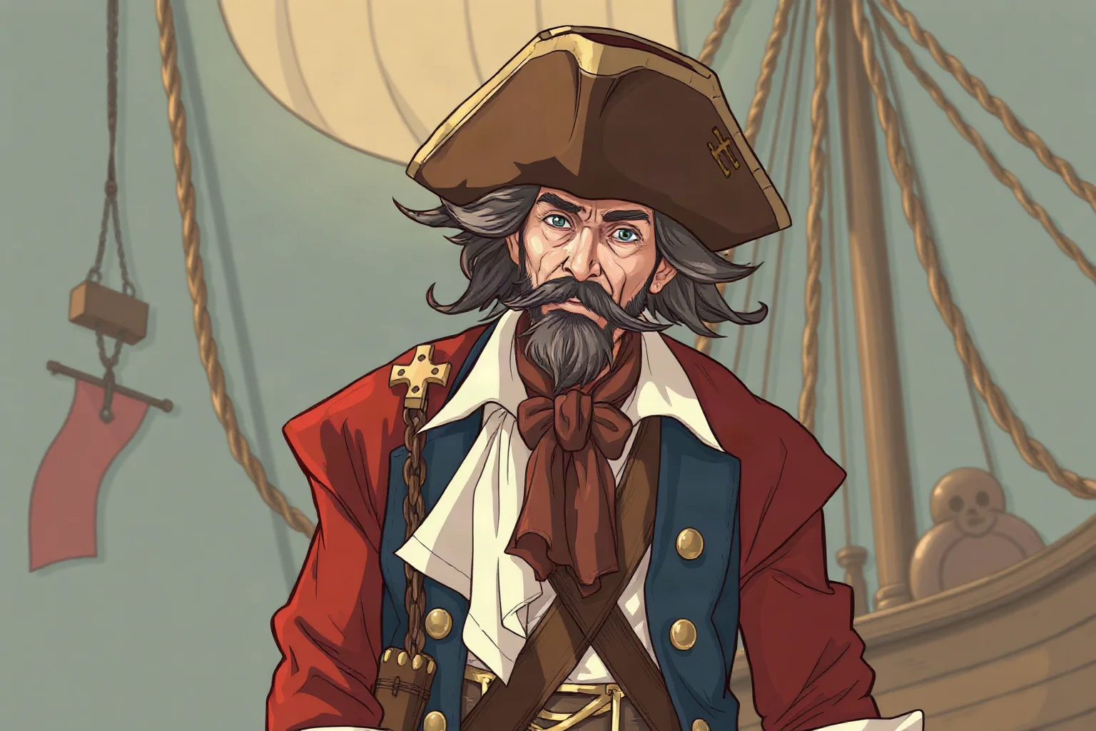 Illustration of an eccentric costumed actor in pirate-style attire on a film set with rigging and ship props