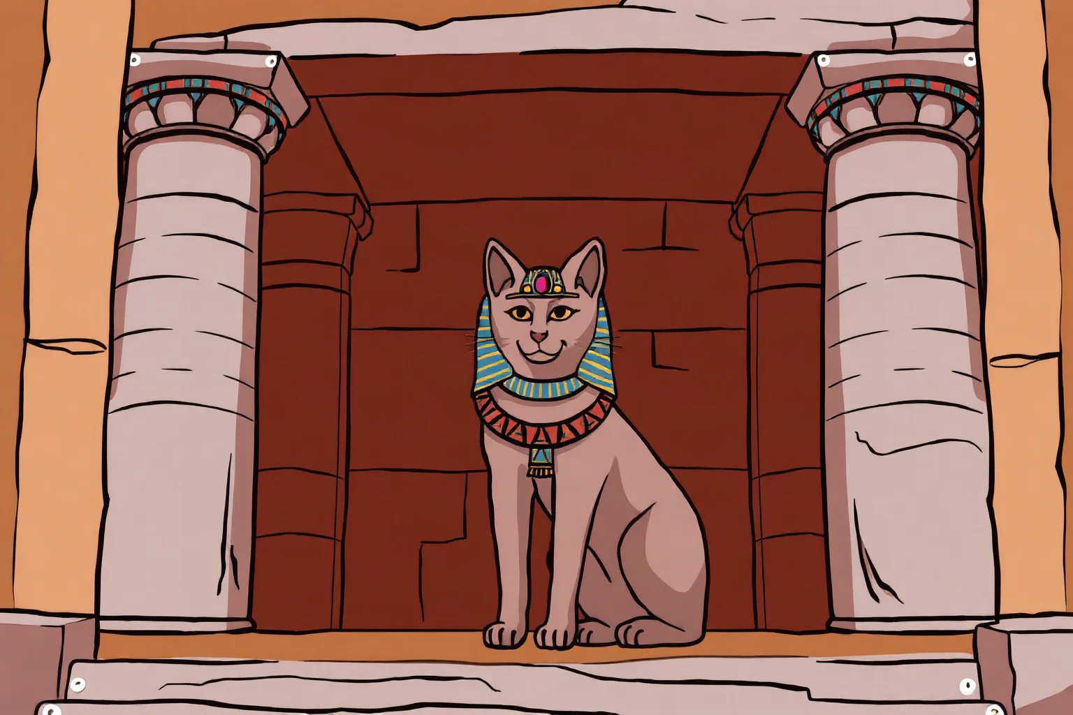 Illustration of an Egyptian cat statue representing the goddess Bastet inside a temple