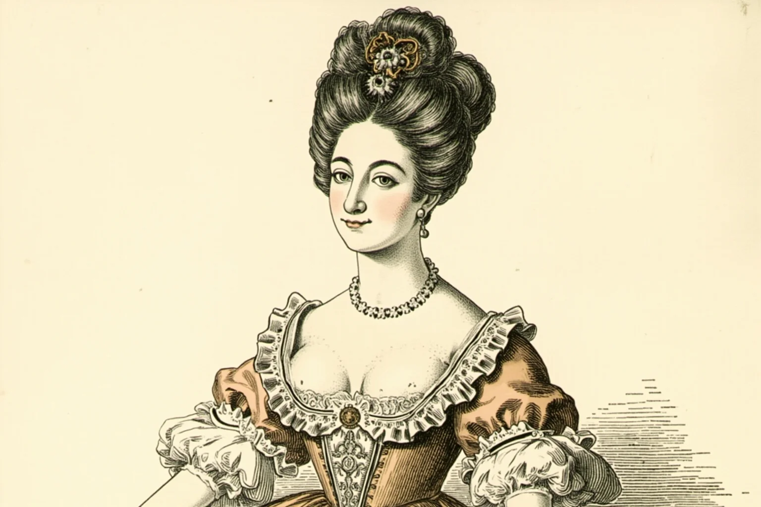 Surprising Facts About Marie Antoinette (And 10 Misconceptions) 5 Illustration of an elaborate 18th-century pouf hairstyle and lavish gown on a mannequin-like figure, fashion-plate style