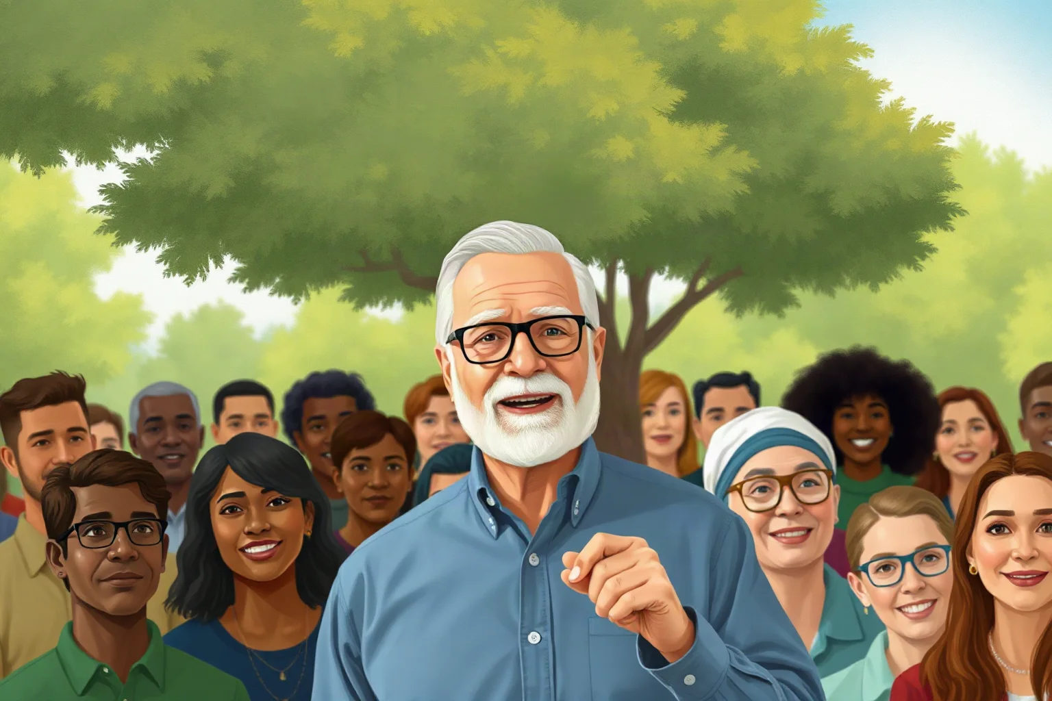 Illustration of an elder statesman addressing a diverse crowd outdoors with a hopeful expression