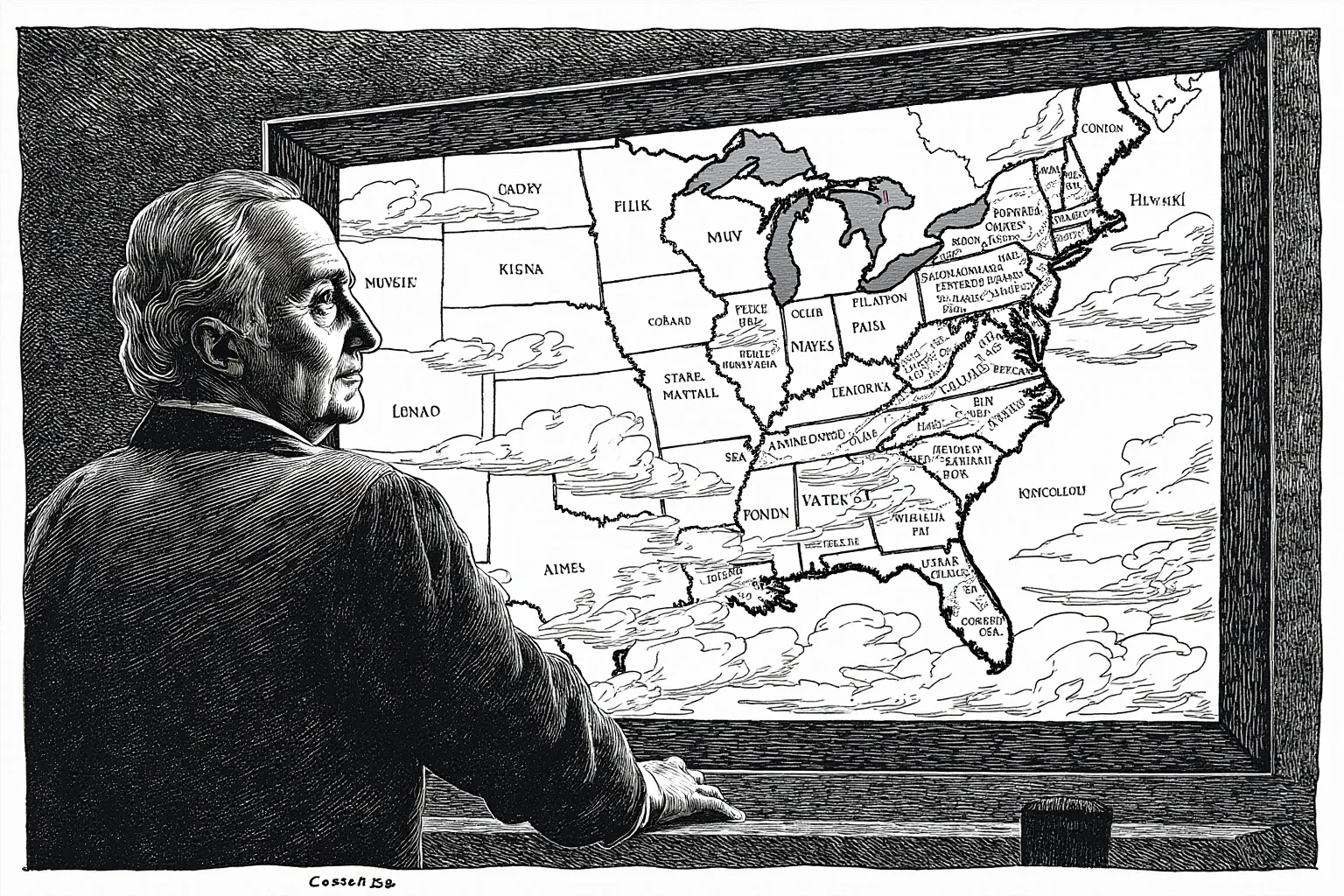 Illustration of an elderly 19th-century president standing at a window watching storm clouds gather over a divided map of states.