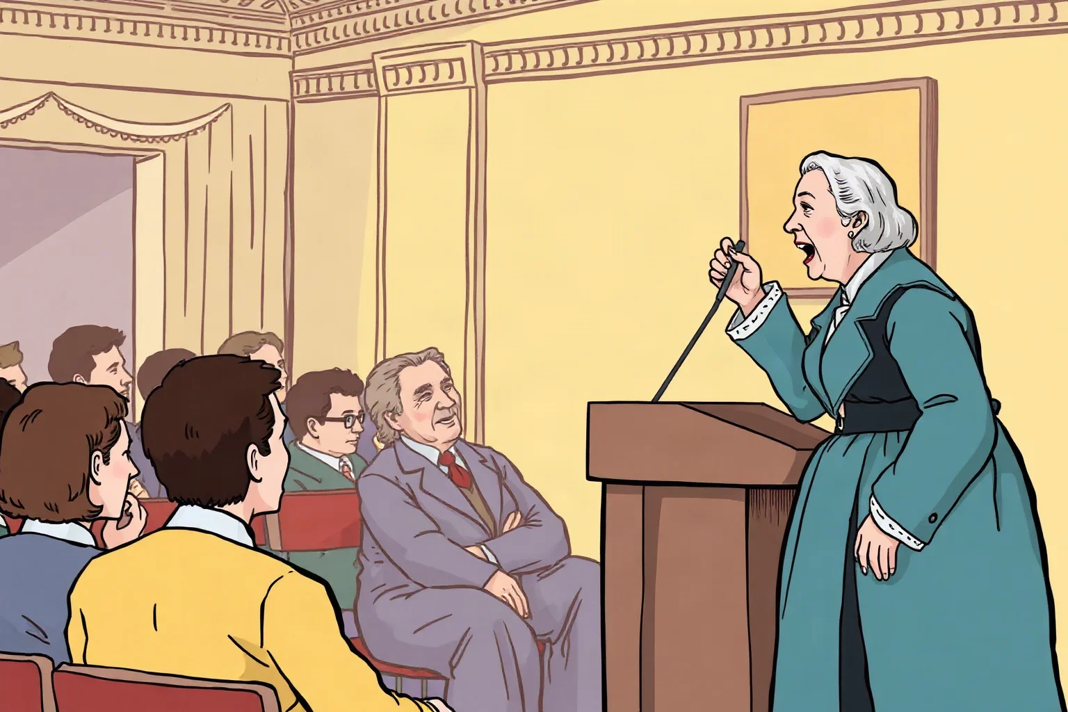 Illustration of an elderly 19th-century woman speaking passionately at a podium before a seated crowd