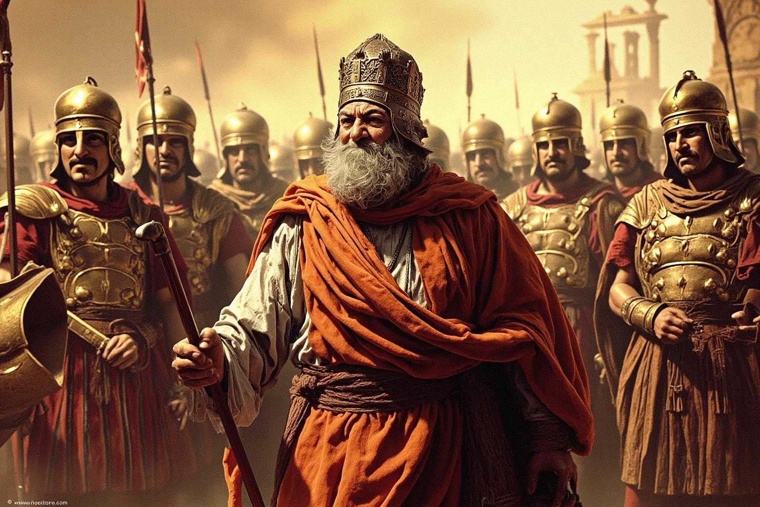 24 Historical Figures Who Became Martyrs for Their Cause 5 Illustration of an elderly bishop figure in ancient robes standing firm before Roman soldiers