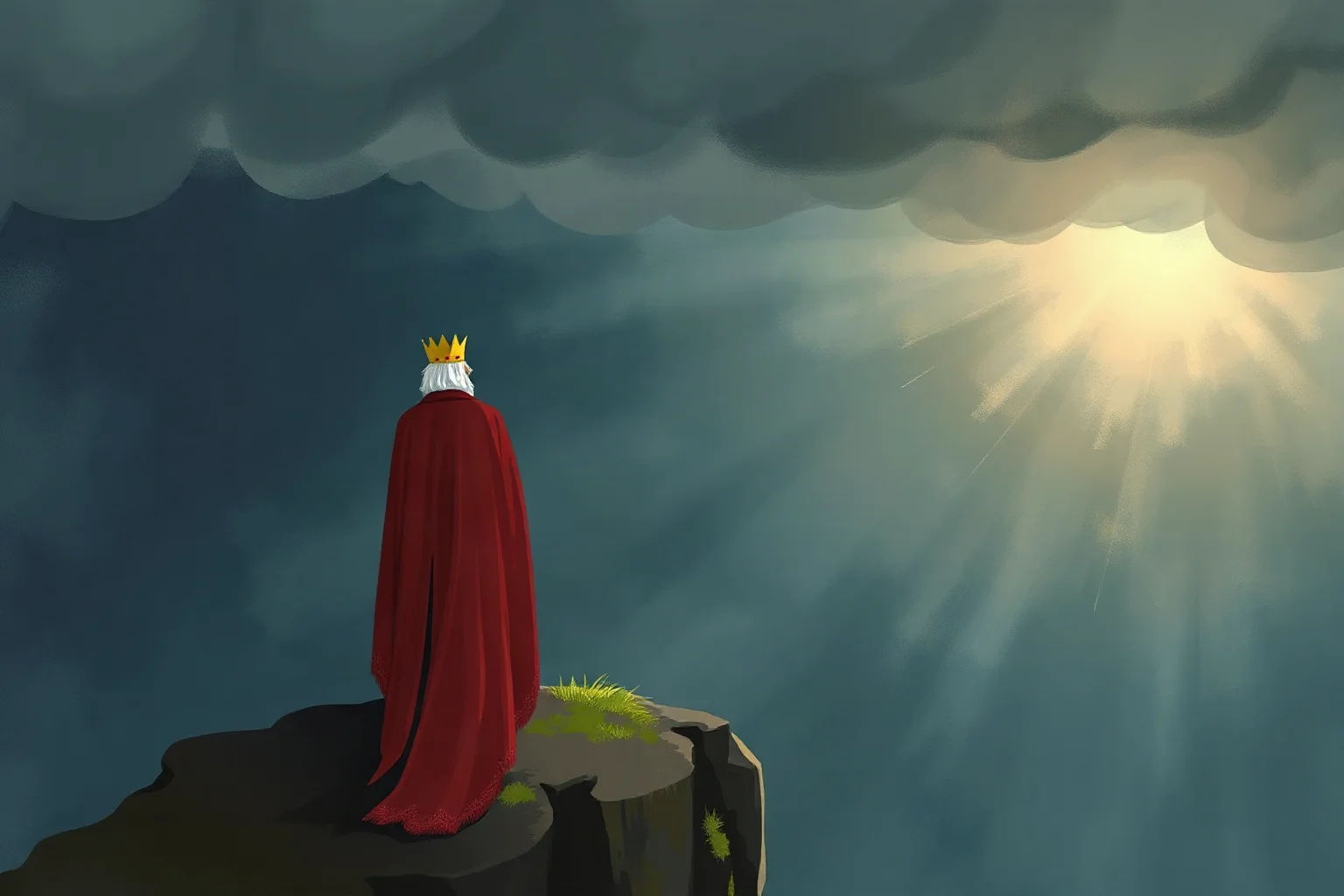 Illustration of an elderly crowned figure standing alone in a storm on a cliff, evoking King Lear, painterly style