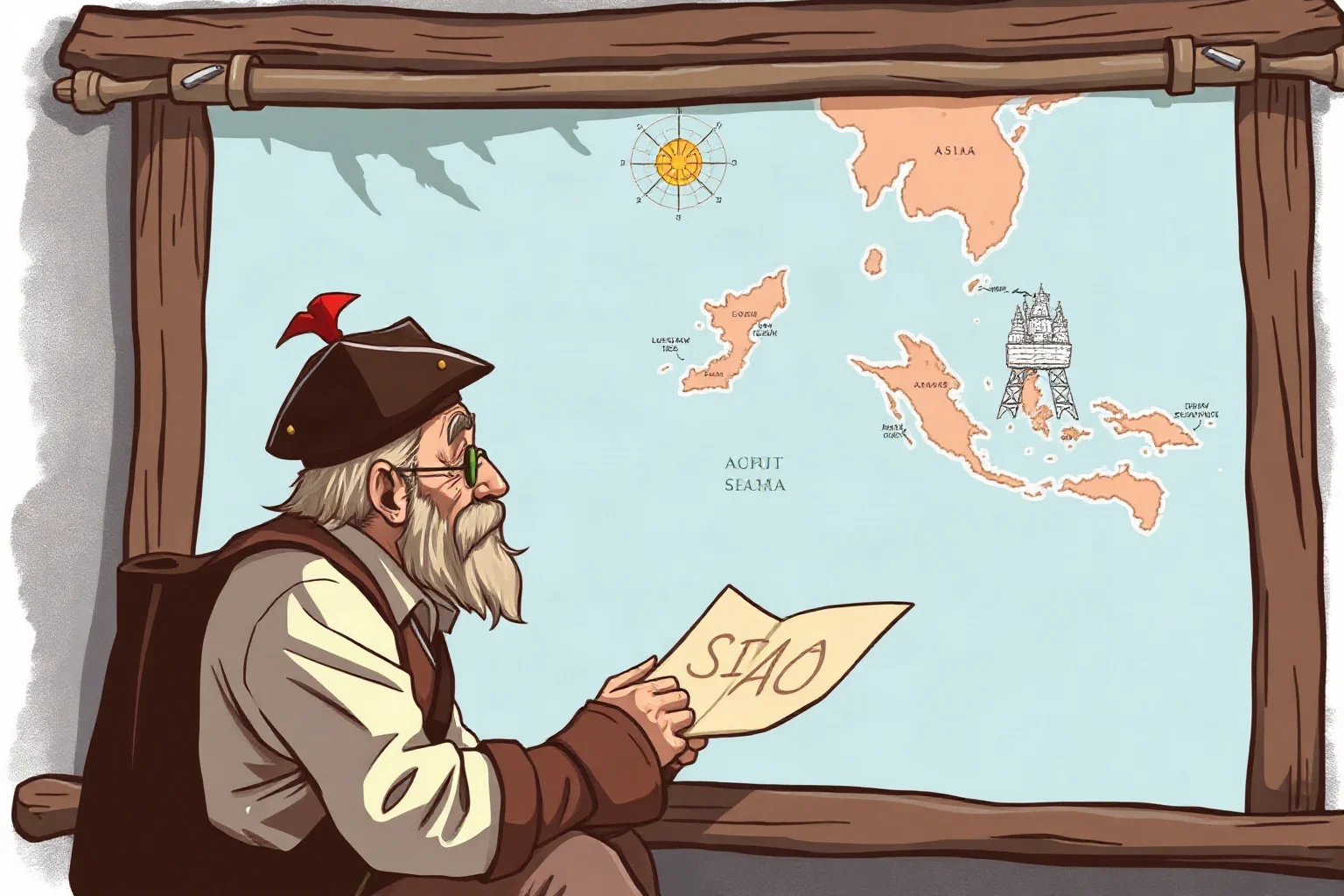 Illustration of an elderly explorer studying a map of islands, still convinced they are near Asia