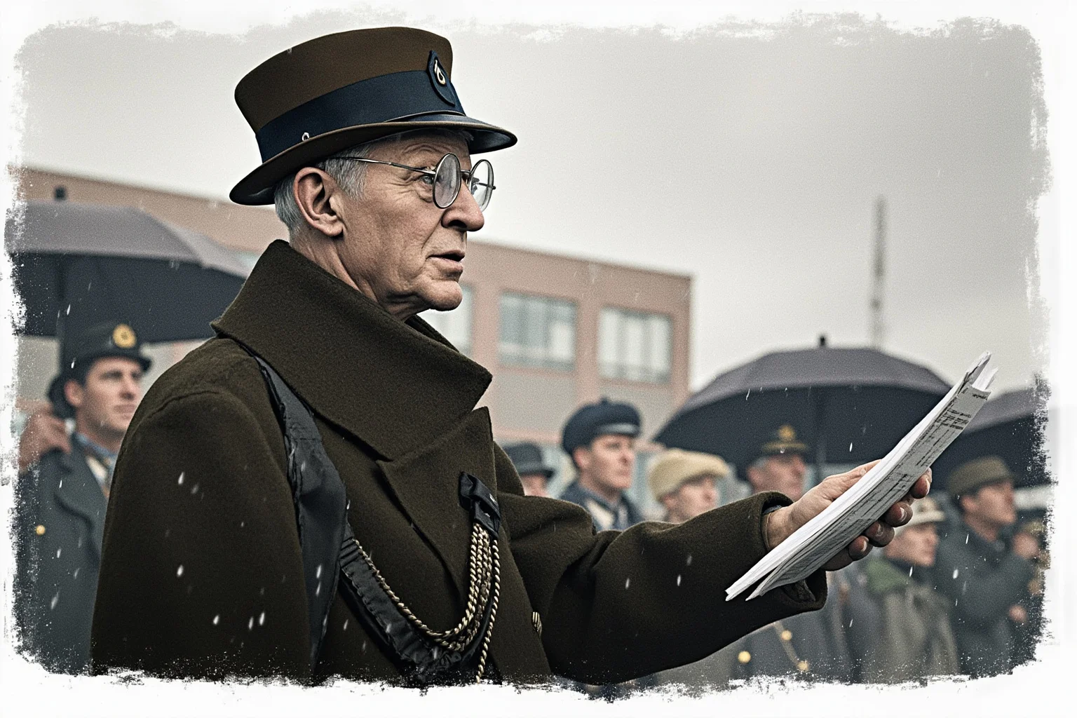 Illustration of an elderly general in a military dress coat giving an outdoor speech in cold, rainy weather, with a small crowd huddled under umbrellas.