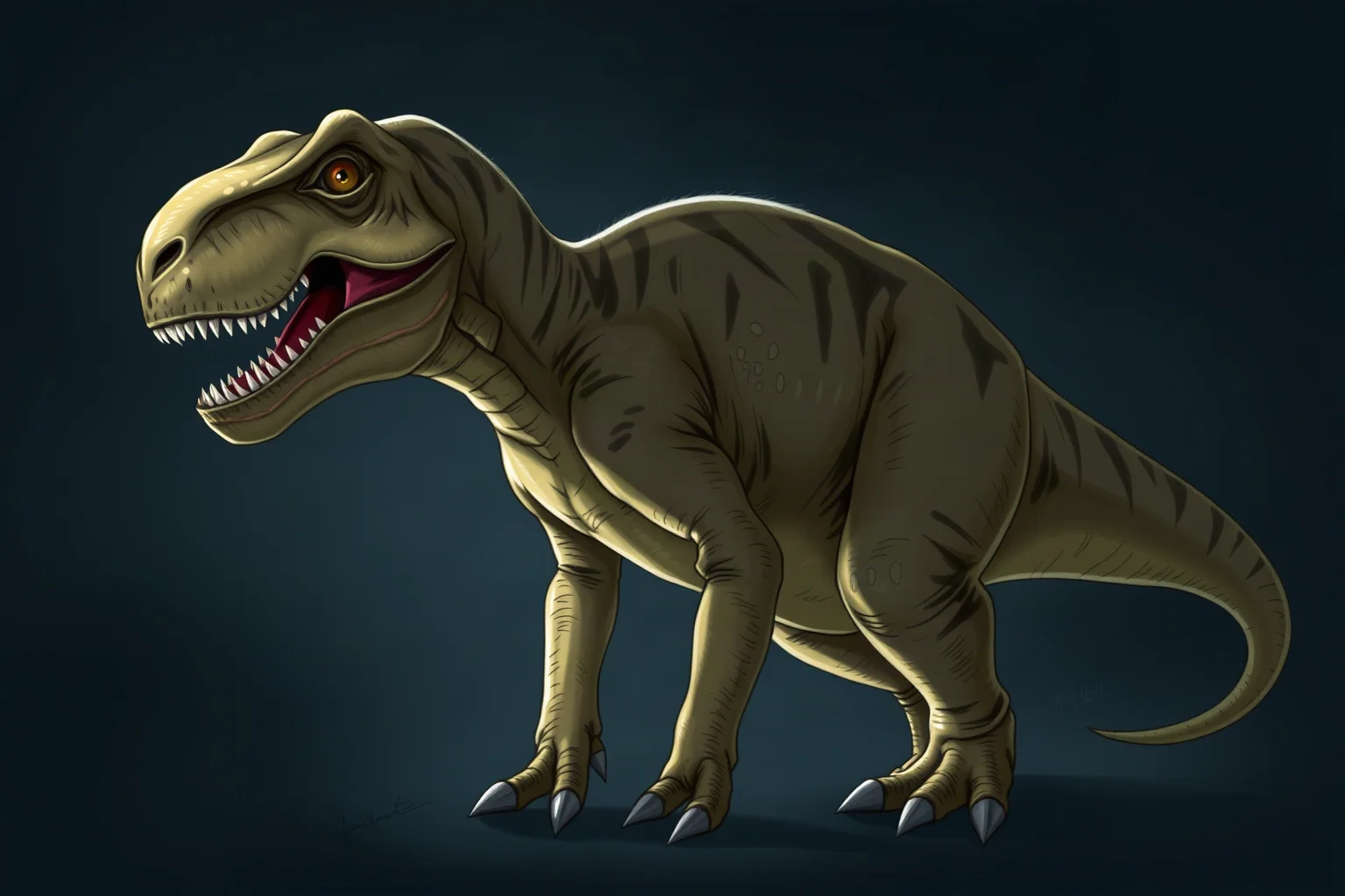 Illustration of an elderly-looking Tyrannosaurus rex with subtle signs of aging, standing in dim light