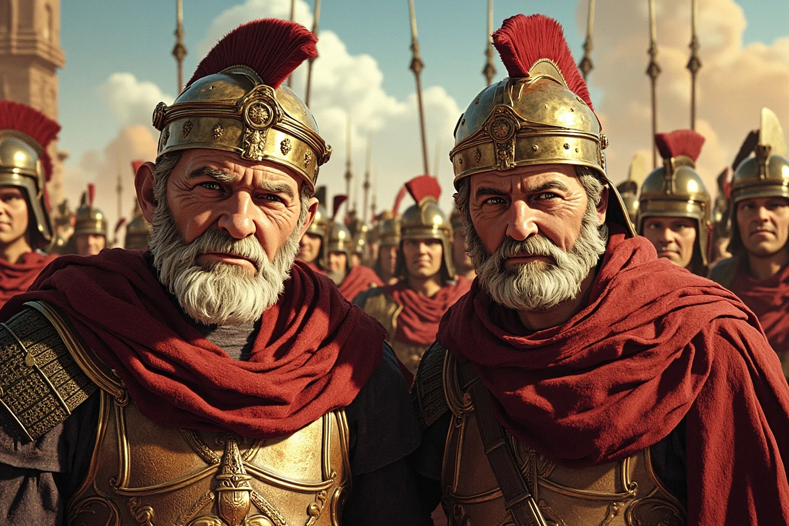 Monarchs Whose Reigns Were Hilariously Short 12 Illustration of an elderly Roman governor and his young son in armor standing together before African provincial troops