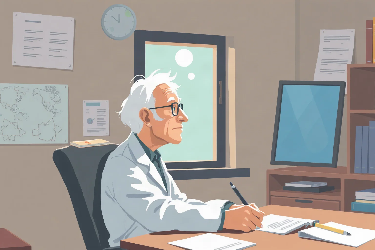 Illustration of an elderly scientist looking thoughtfully out a window in a modest office