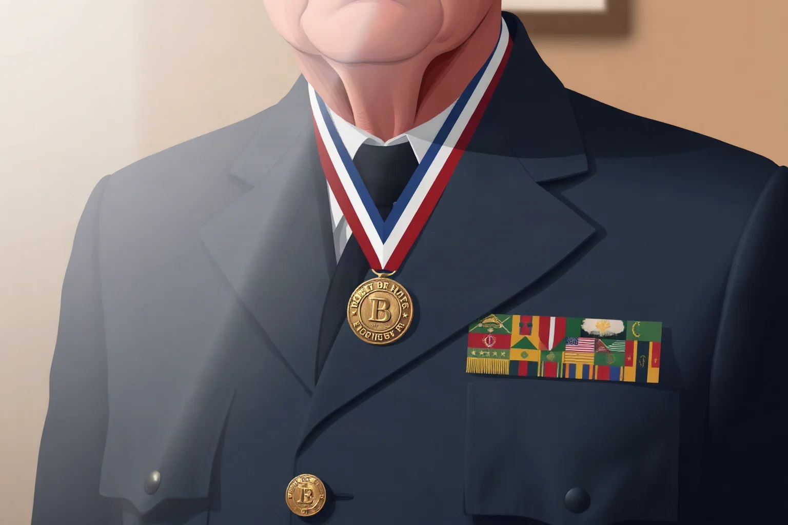 Illustration of an elderly veteran's medal and folded uniform displayed respectfully in a glass case