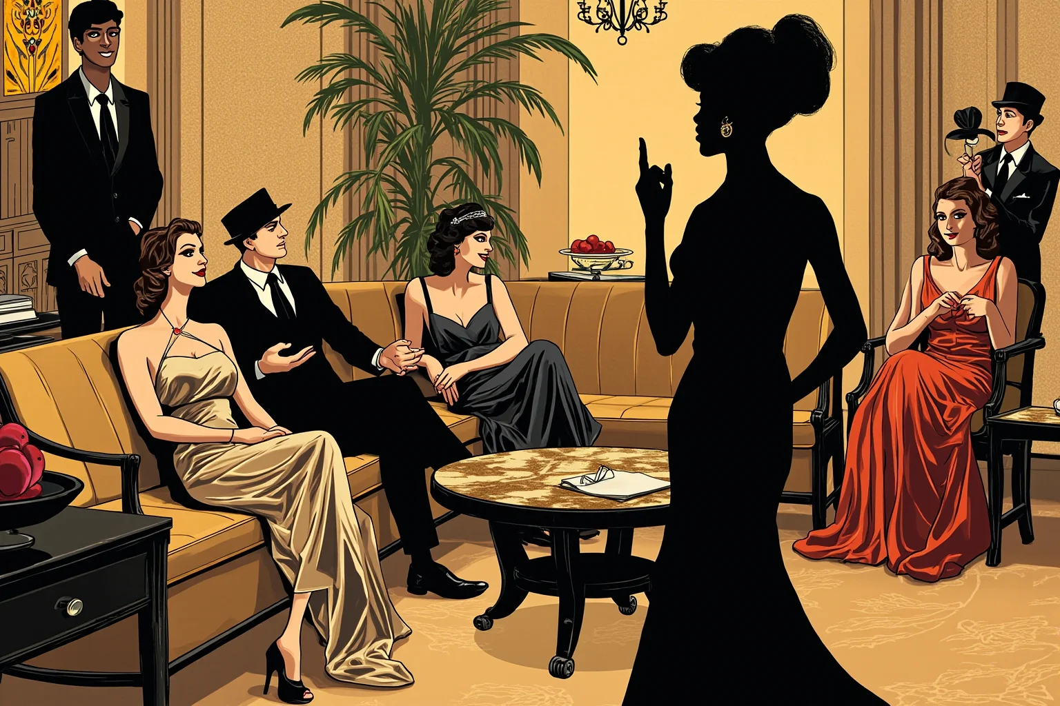 Illustration of an elegant 1920s Black socialite hosting a lively salon gathering in a lavish townhouse parlor, art deco decor