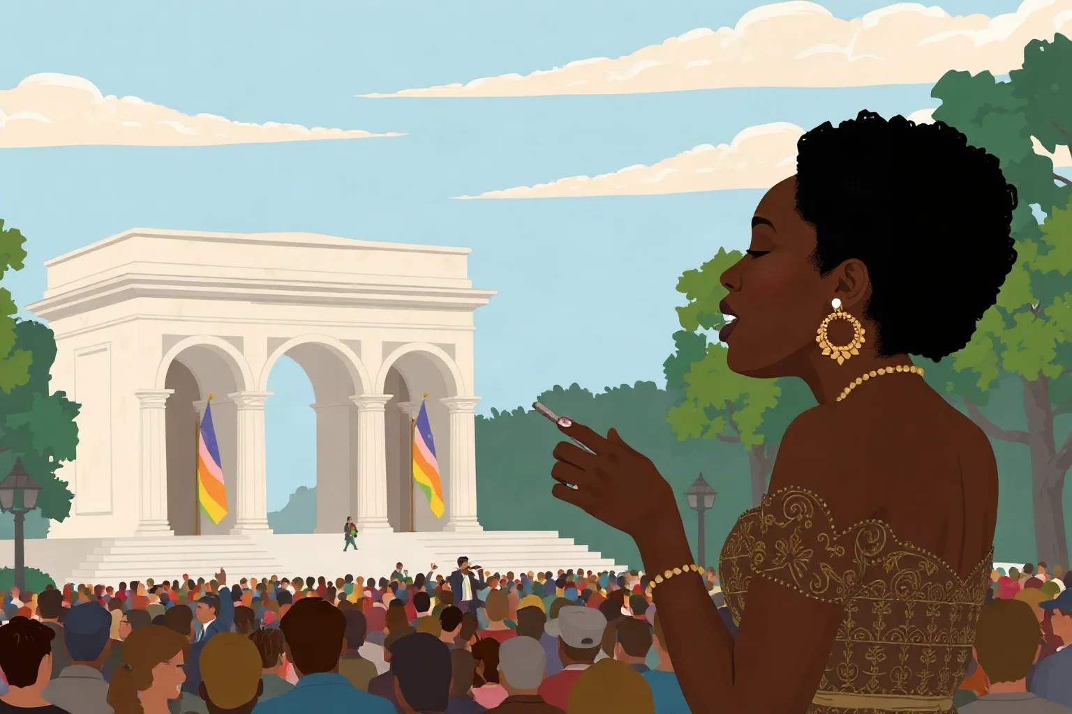 Illustration of an elegant Black woman opera singer performing outdoors before a massive crowd near a grand marble monument