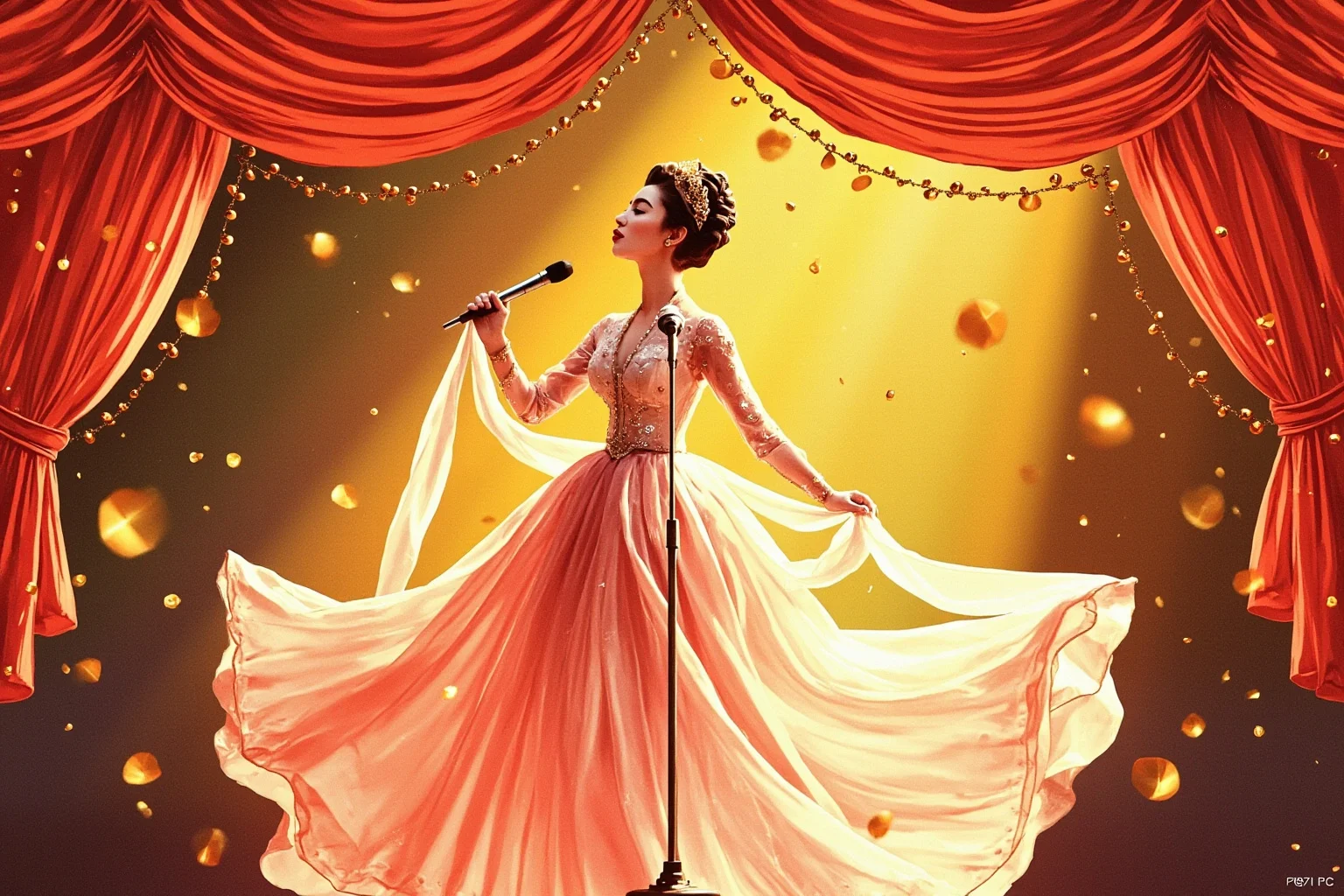 Illustration of an elegant classically trained singer performing on a bright film-style stage set, whimsical 1960s aesthetic