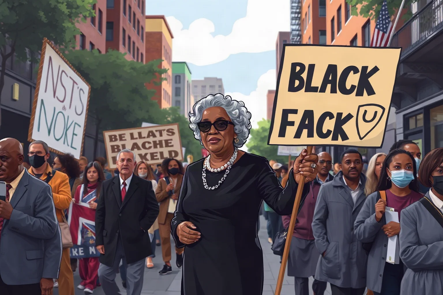 Illustration of an elegant older Black woman standing near a march crowd holding an organizational banner