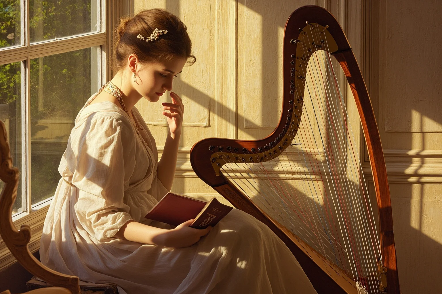 Surprising Facts About Marie Antoinette (And 10 Misconceptions) 22 Illustration of an elegant woman reading a book and playing a harp in a sunlit 18th-century palace room