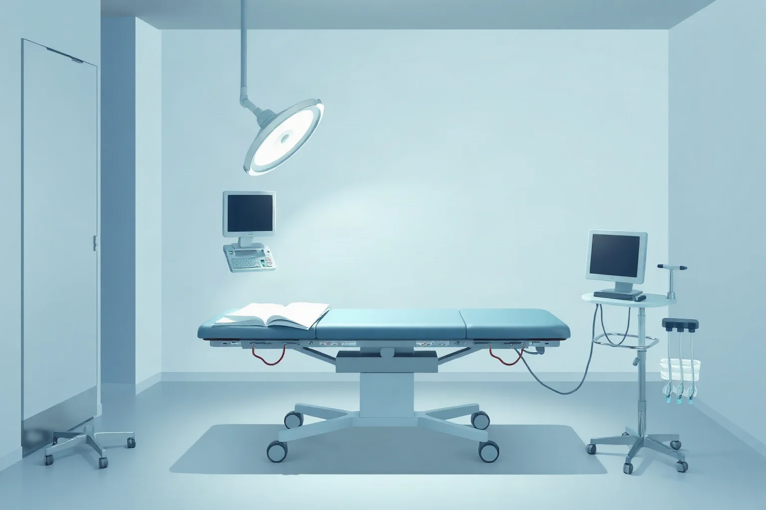 Illustration of an empty examination table with medical equipment in soft, respectful lighting